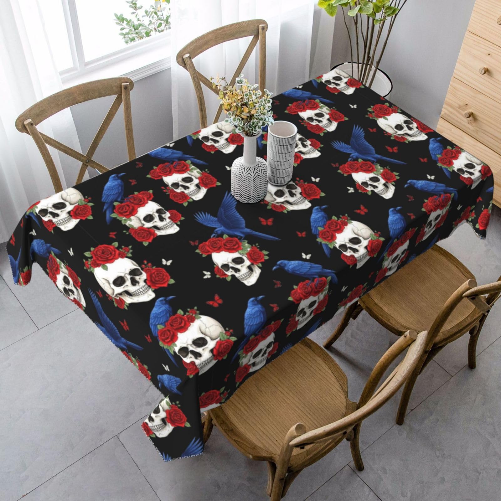 Nappe corbeau gothique fleurs de crâne housse table rectangulaire