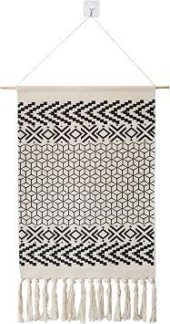 Macrame Woven Wall Tapestry Hanging Art, 20x34 Large Boho Chic Bohemian Morocco Black White Diamond Rhombus Geometric Tapestries Decor for Apartment Dorm Kids Living Room Bedroom Door Entrance