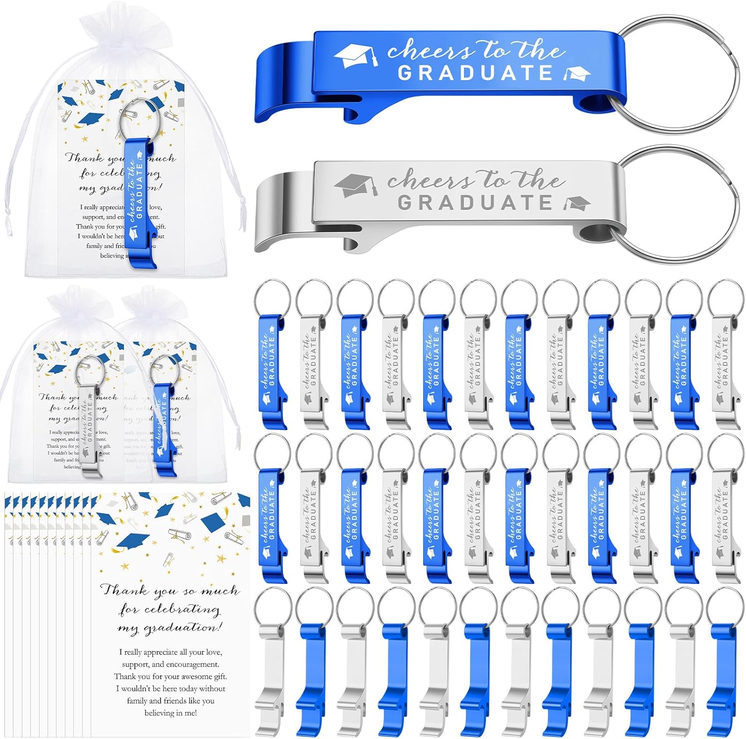 Maxcheck 50 Sets Graduation Party Favors for Guests Class of 2026 Graduation Gifts Bulk Personalized Bottle Opener Aluminum Keychain with Thank You Card Organza Bag for Party Decoration(Blue,Silver)