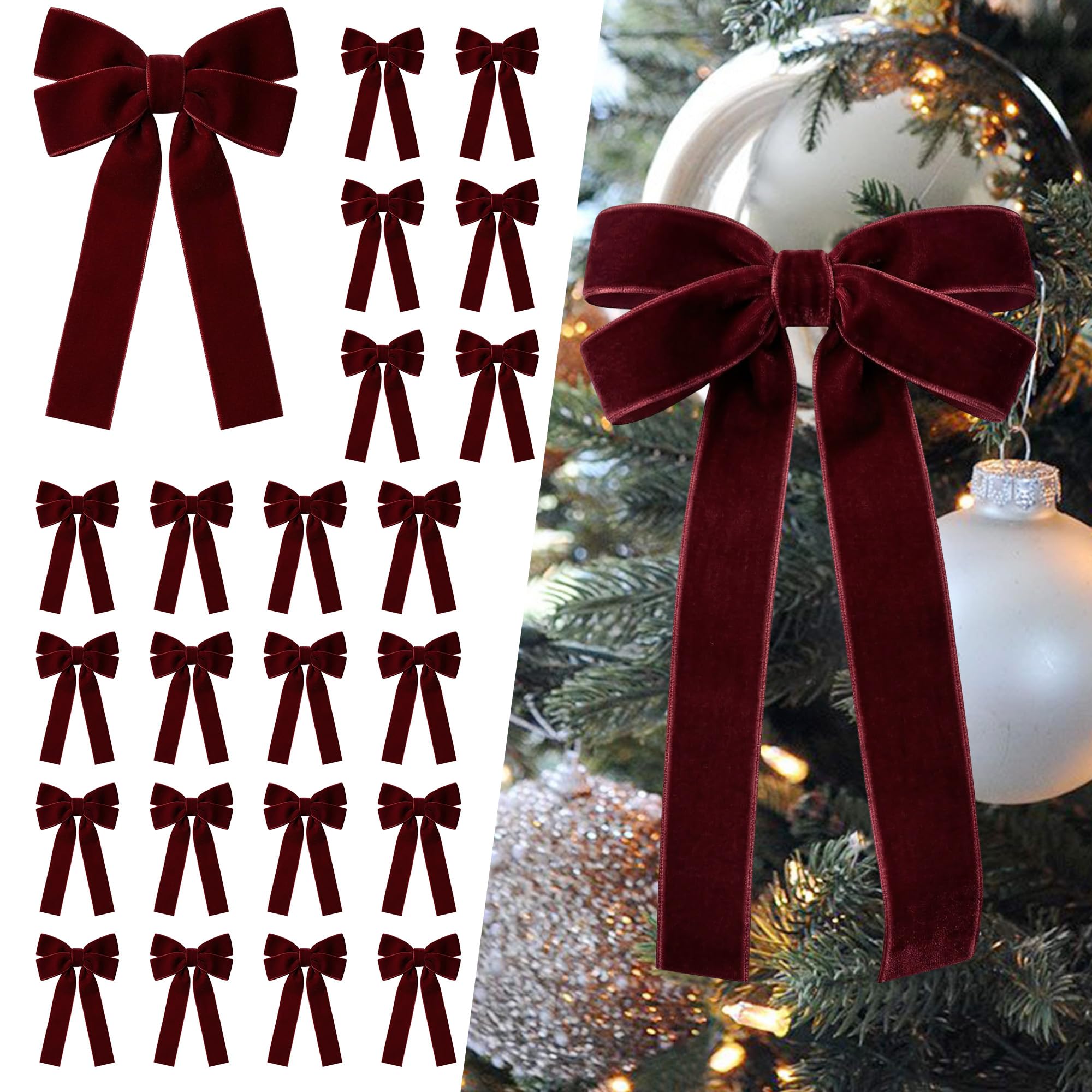 SIMISI RIBBON 24Pcs Christmas Velvet Ribbon Bows Decorations for Tree