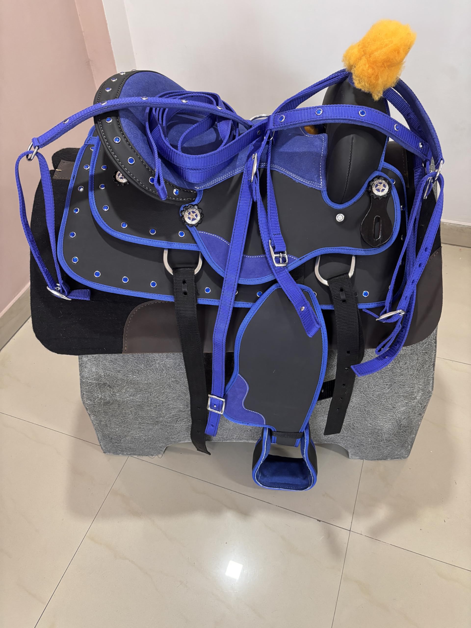 Sella per cavallo western sintetica blu, 25,4-45,7 cm, comoda sella per cavallo con set di puntine, tutti gli accessori inclusi, accessori per equitazione