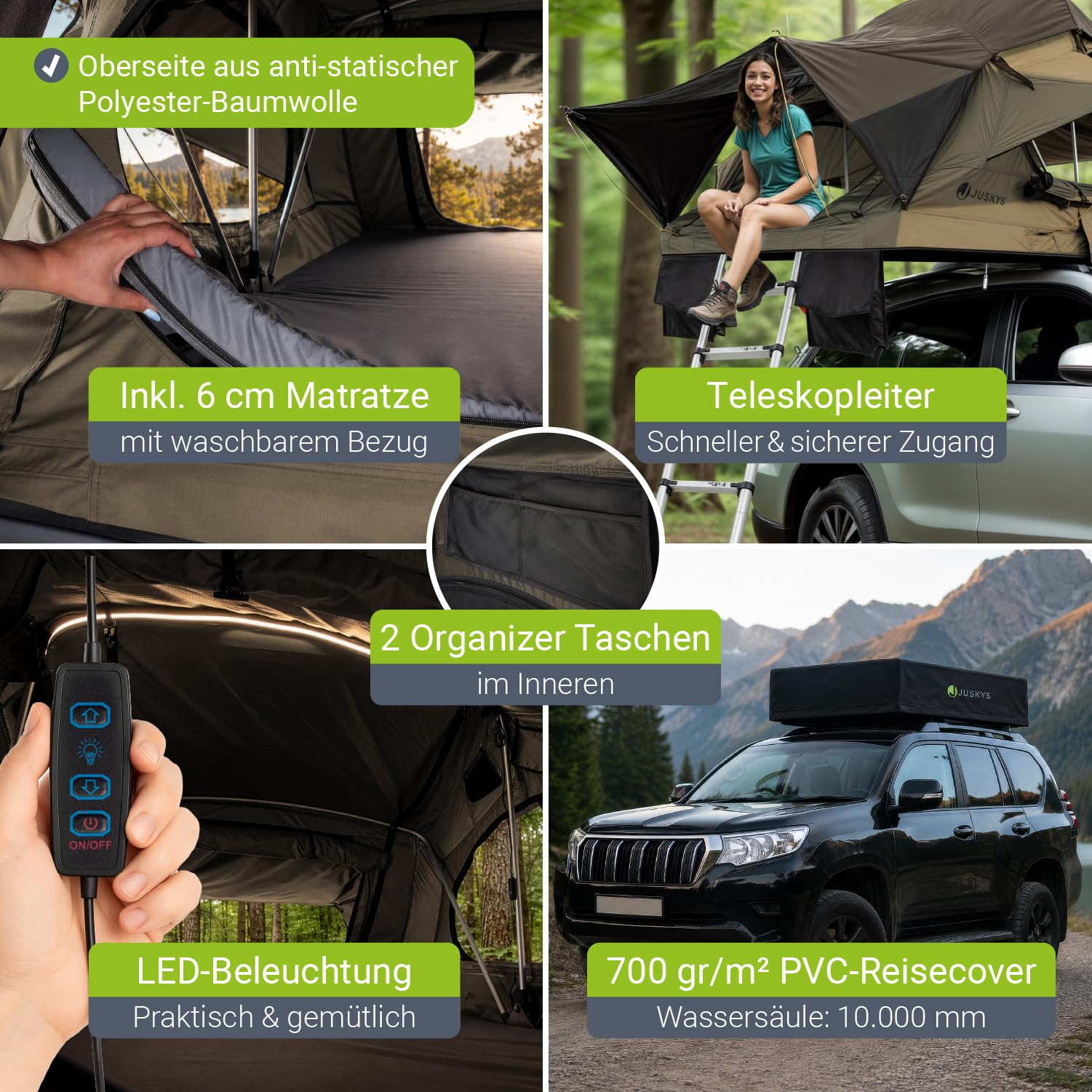 Juskys Autodachzelt Lago - Robuste Konstruktion, wasserabweisend & UV-Schutz, Autodachzelt, Camping, LED-Beleuchtung