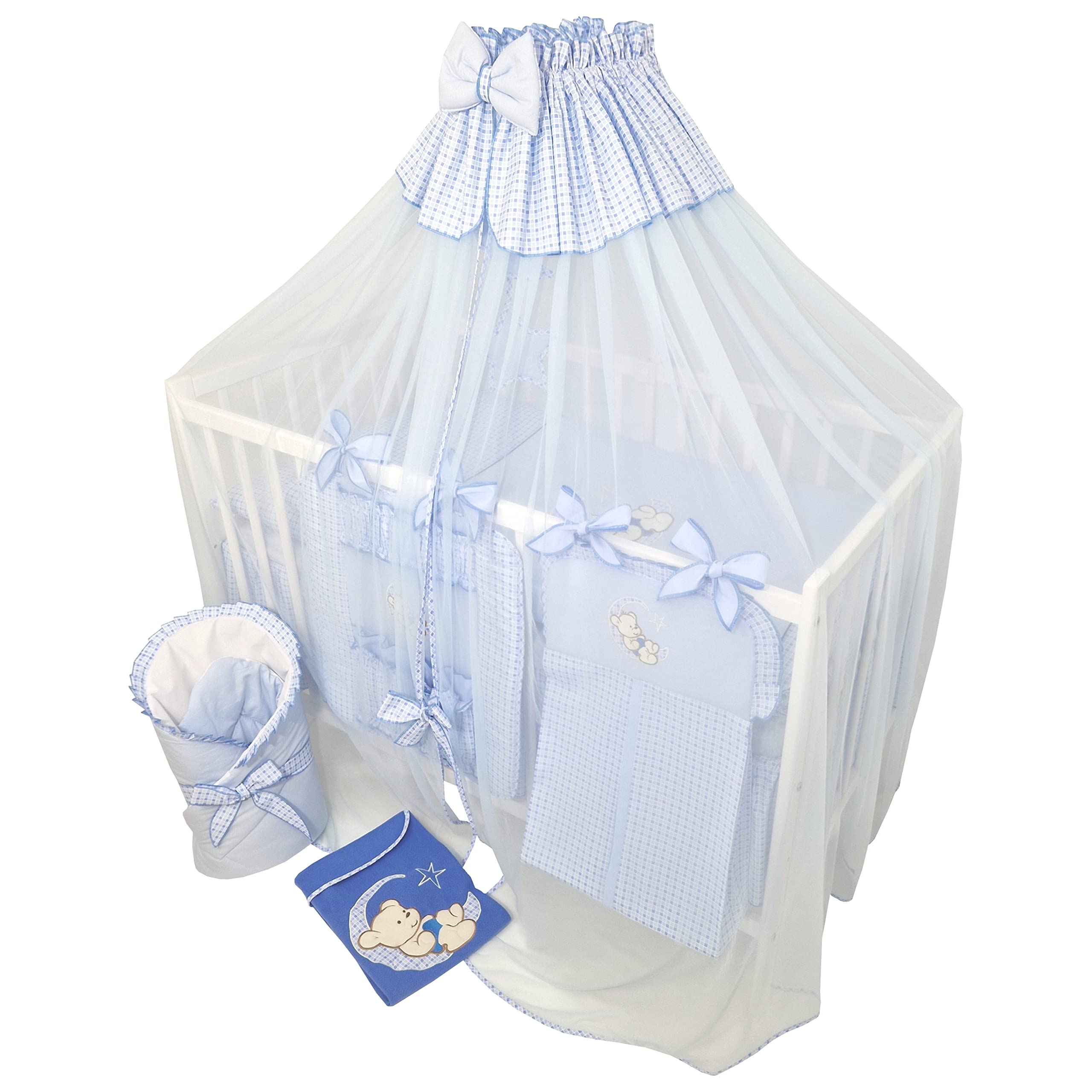Juego Completo de 14 Piezas de Ropa de Cama de bebé sin Cama Bordado con Osito en la Luna Azul (100x135 cm)