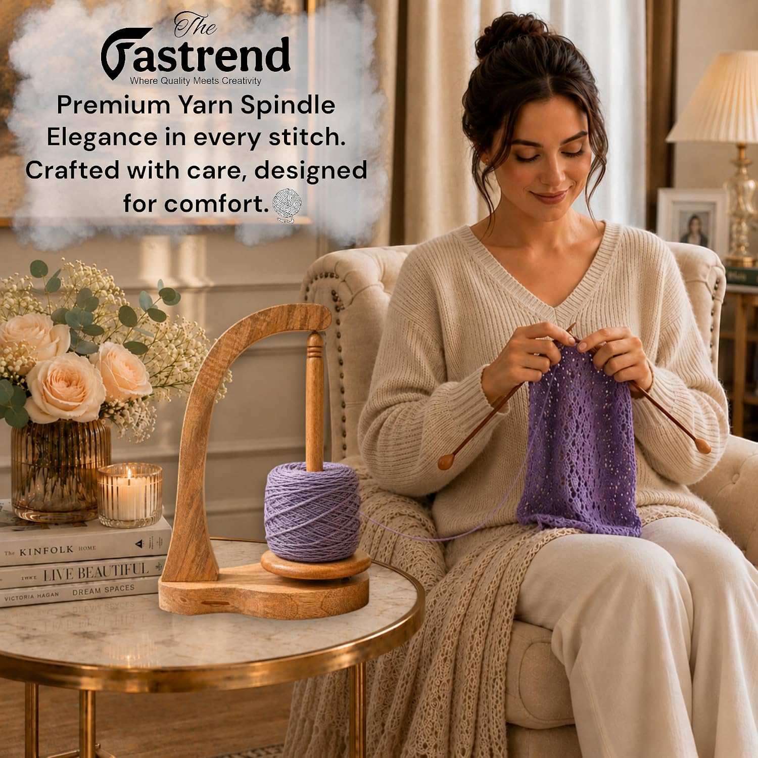 THE FASTREND Yarn Holder Stand, Mango Wood, Magnetic Spindle, Natural Wood, for Knitting and Crocheting, 11.25" Tall