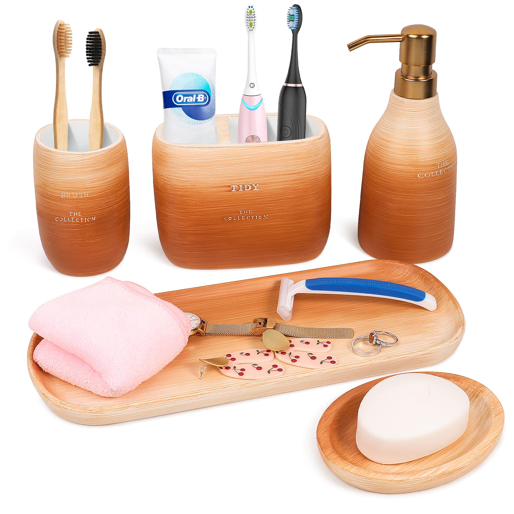 FoverOne Bathroom Accessories Set, 5-Pieces Resin Vanity Counter Accessories Set with Toothbrush & Toothpaste Holder, Tumbler, Vanity Tray, Lotion Dispenser, and Soap Dish