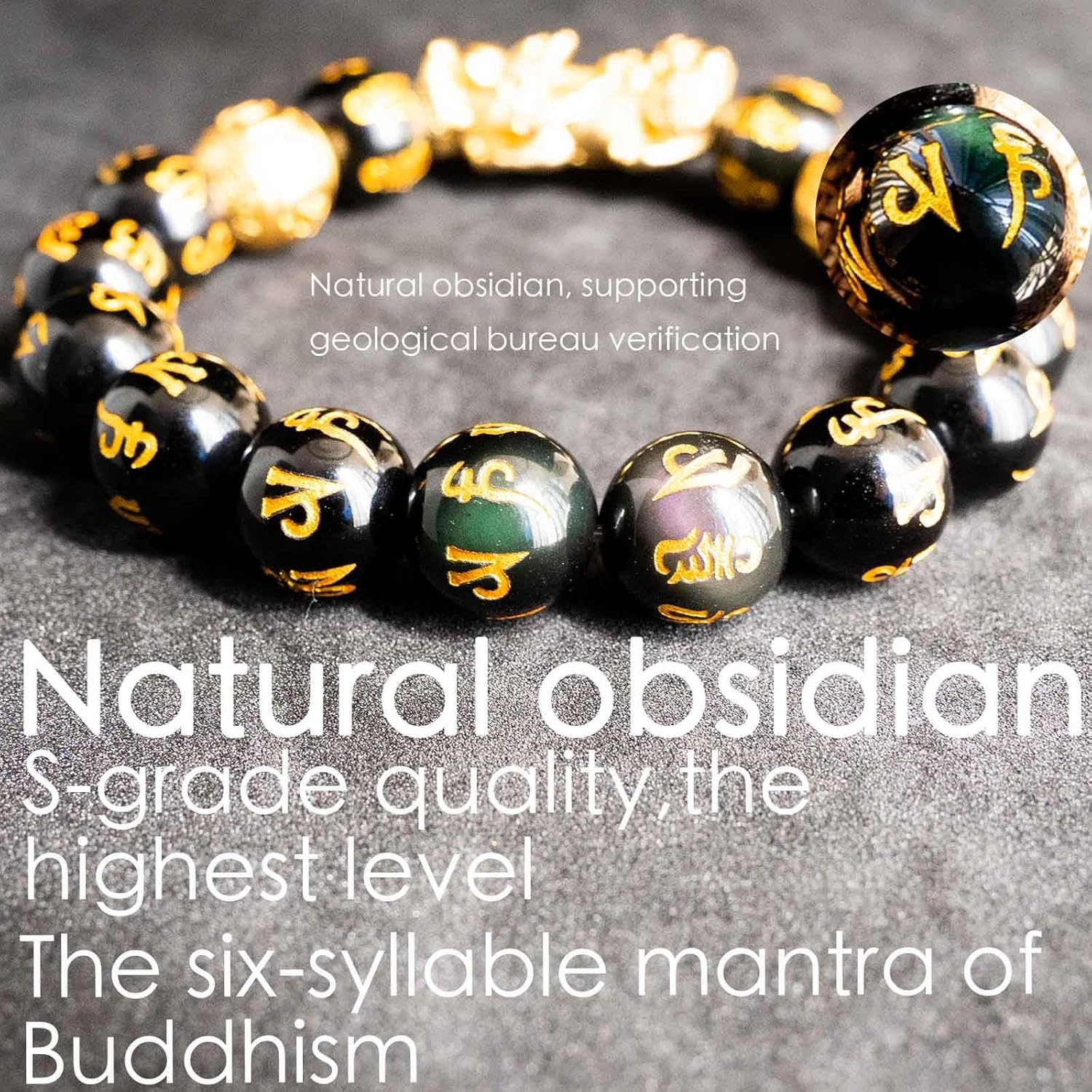 Feng Shui Bracelet 24K Gold Plated PiXiu, Colored Eyes Obsidian Dragon Protection Bracelet Meditation Decompression Prayer Beads Lucky Wealth Bracelets for Men Women(12mm) - Image 5