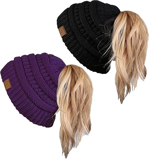 Funky Junque Ponytail Messy Bun BeanieTail Womens Beanie Solid Ribbed Hat Cap