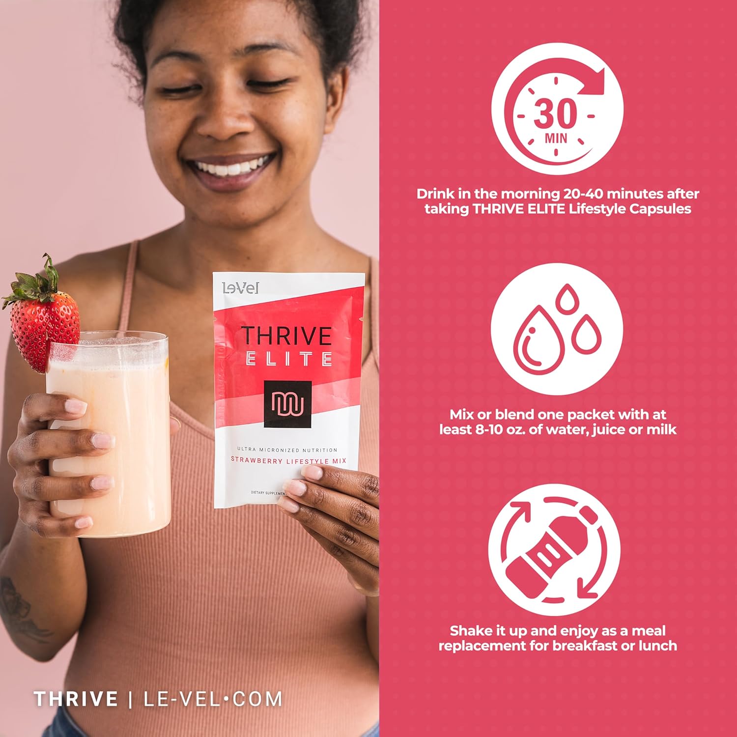 Le-Vel Thrive Elite Protein Shake | Gluten-Free, Protein Blend with BCAAs, Probiotics & Enzymes |16 Servings - Single Packets, Strawberry