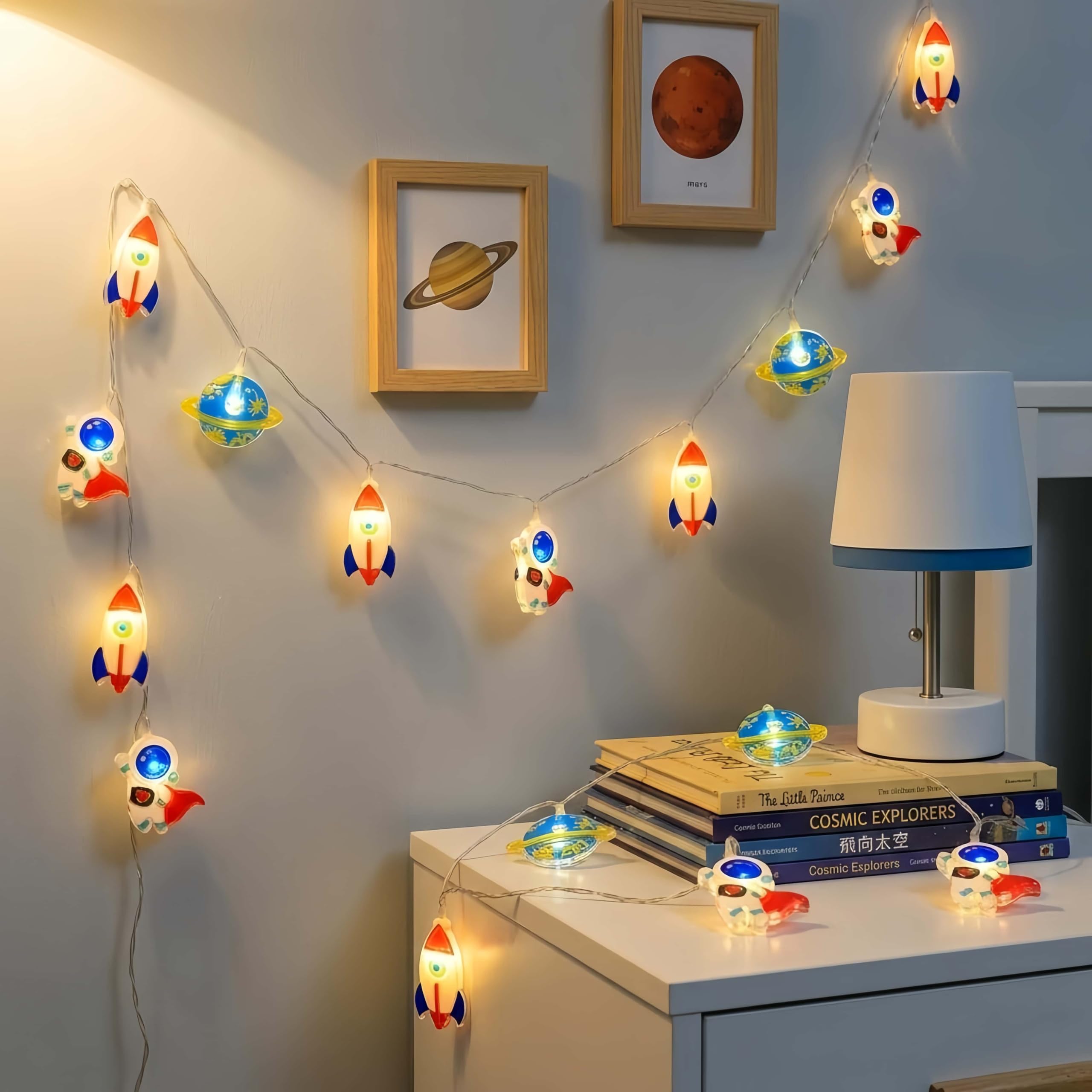 Hhmtaka Warm White Outer Space Elements Children’s Fairy String Lights 3M 20Led Cartoon String Lights Children's Room Decoration Lights Battery Operated Indoor Use String Light For Nursery Kids Bedroom