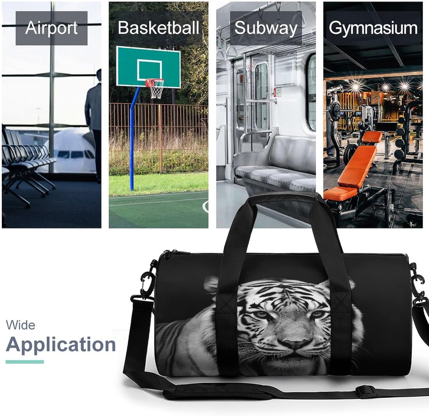 Aesthetic Sports Bag for Women Black And White Tiger Printed Duffle Travel Bag for Men Women Mini Workout Bags Cylindrical Gym Bag