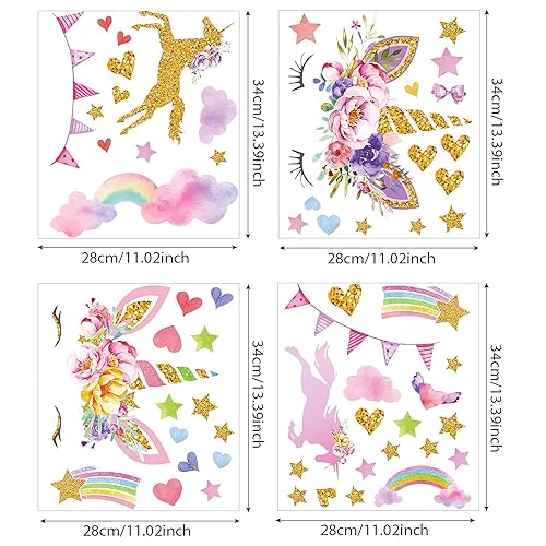 Miniatura 2 de Outus 4 hojas de calcomanías de pared de unicornio para despegar y pegar, calcomanías de pared de acuarela, corazón, estrella, flor, unicornio para