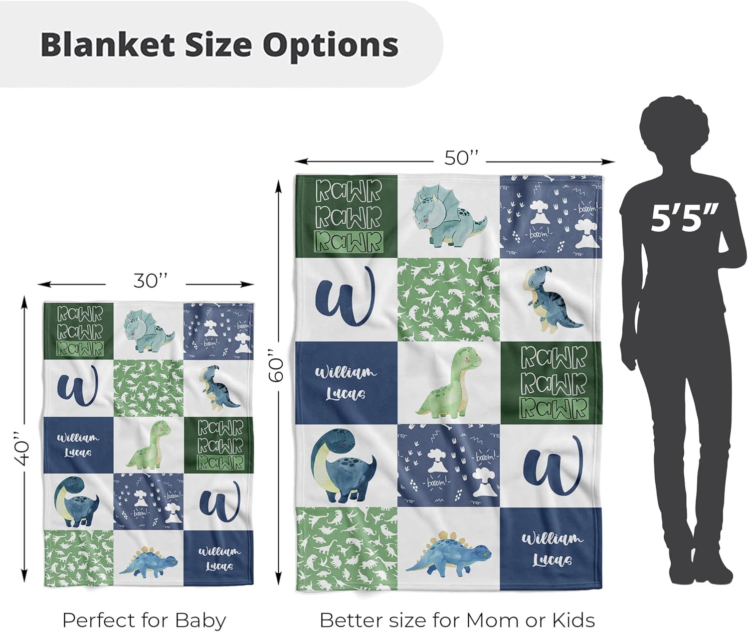 Personalized Dinosaur Baby Blankets for Boys with Name - Repeating Name Custom Baby Blankets - Customized Gifts for Newborn Boy - Soft Fleece