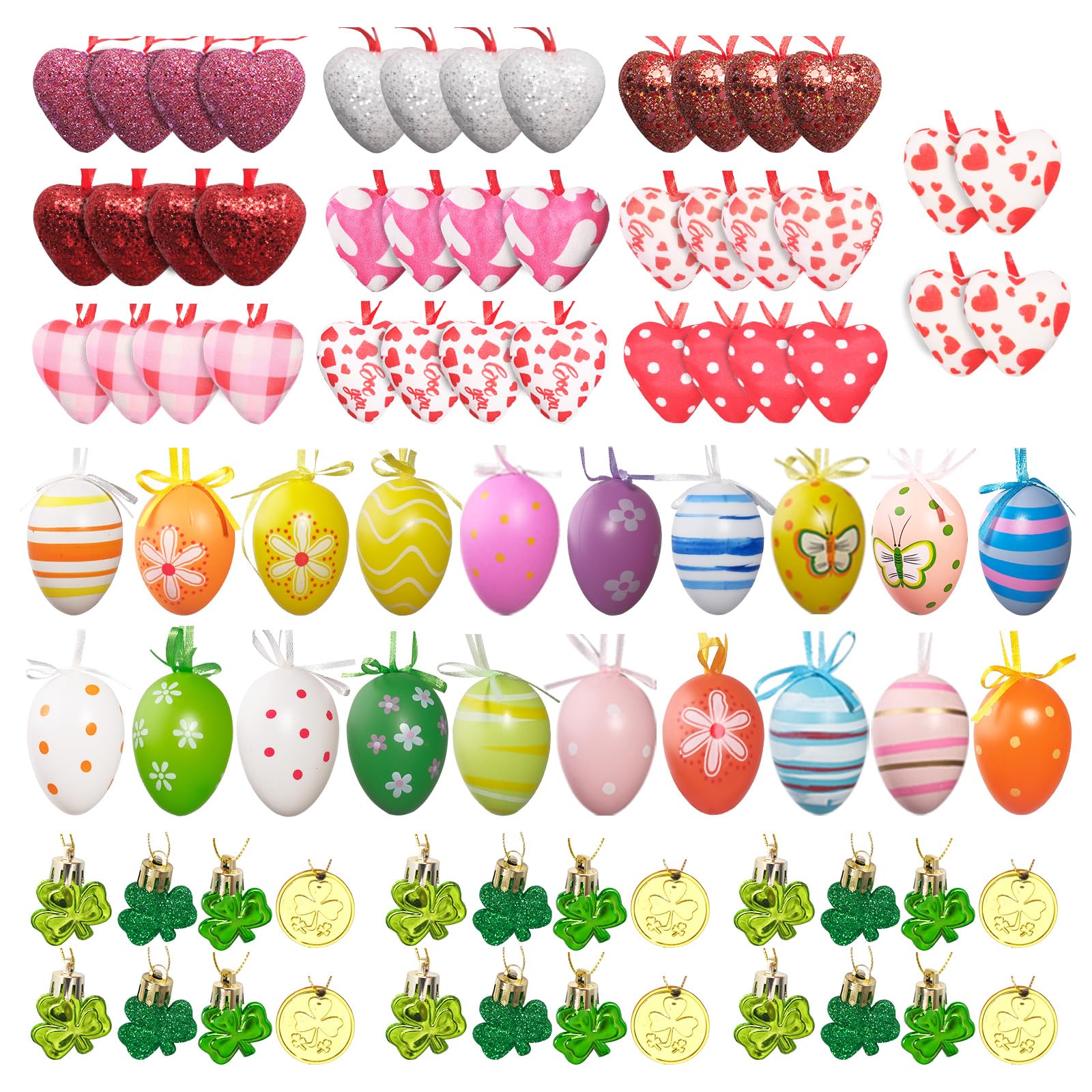 Ostereier zum Aufhängen, Kunststoff, handbemalte Eier, St. Patrick's Day, Kleeblatt, Valentinstag, Herzdekoration für kleine Bäume, Party-Dekoration, Gastgeschenk, 120 Stück
