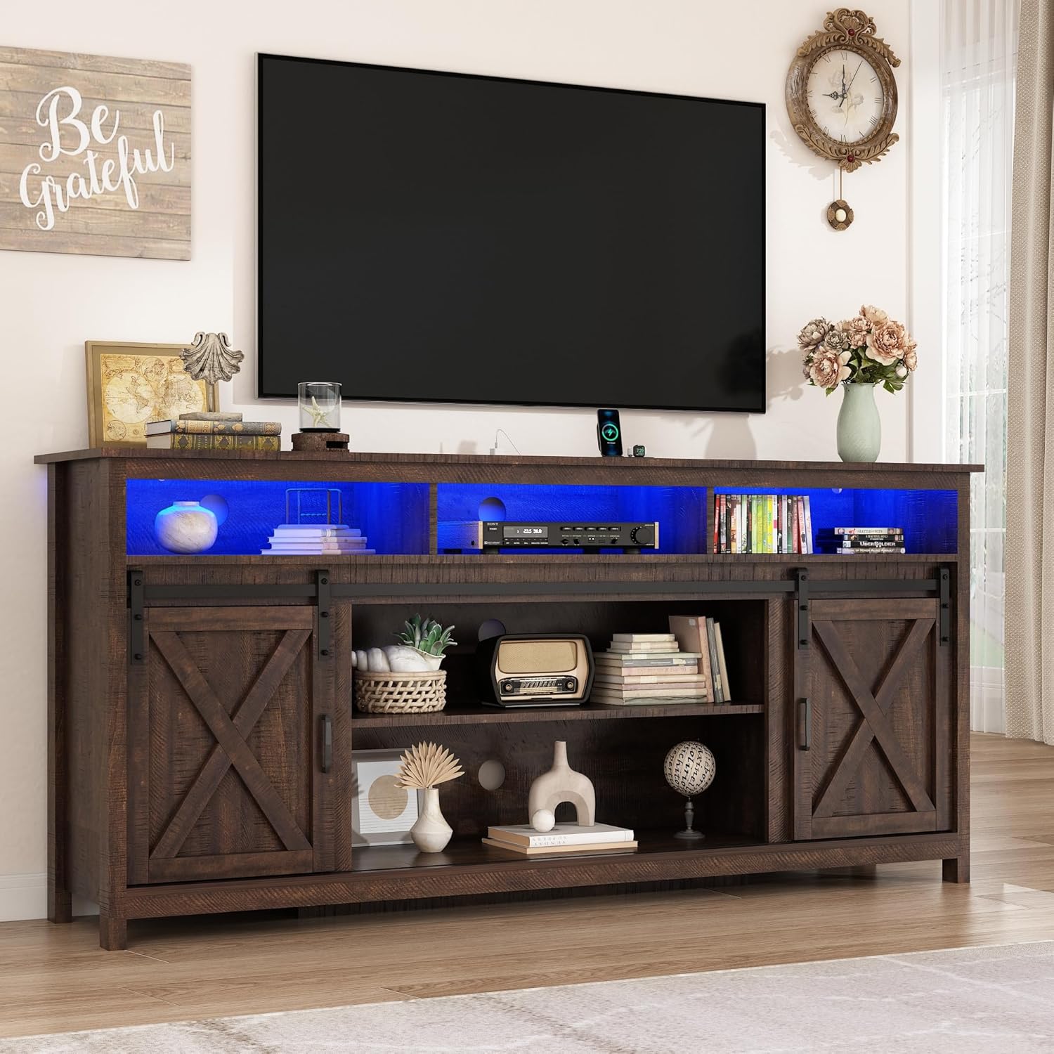 70" LED Farmhouse TV Stand for 80/75/70 Inch TVs,Tall Entertainment Center Storage Cabinets w/Power Outlets and Sliding Barn Door,Rustic TV Stands for Living Room,Media Console Cabinet (Rustic Brown)
