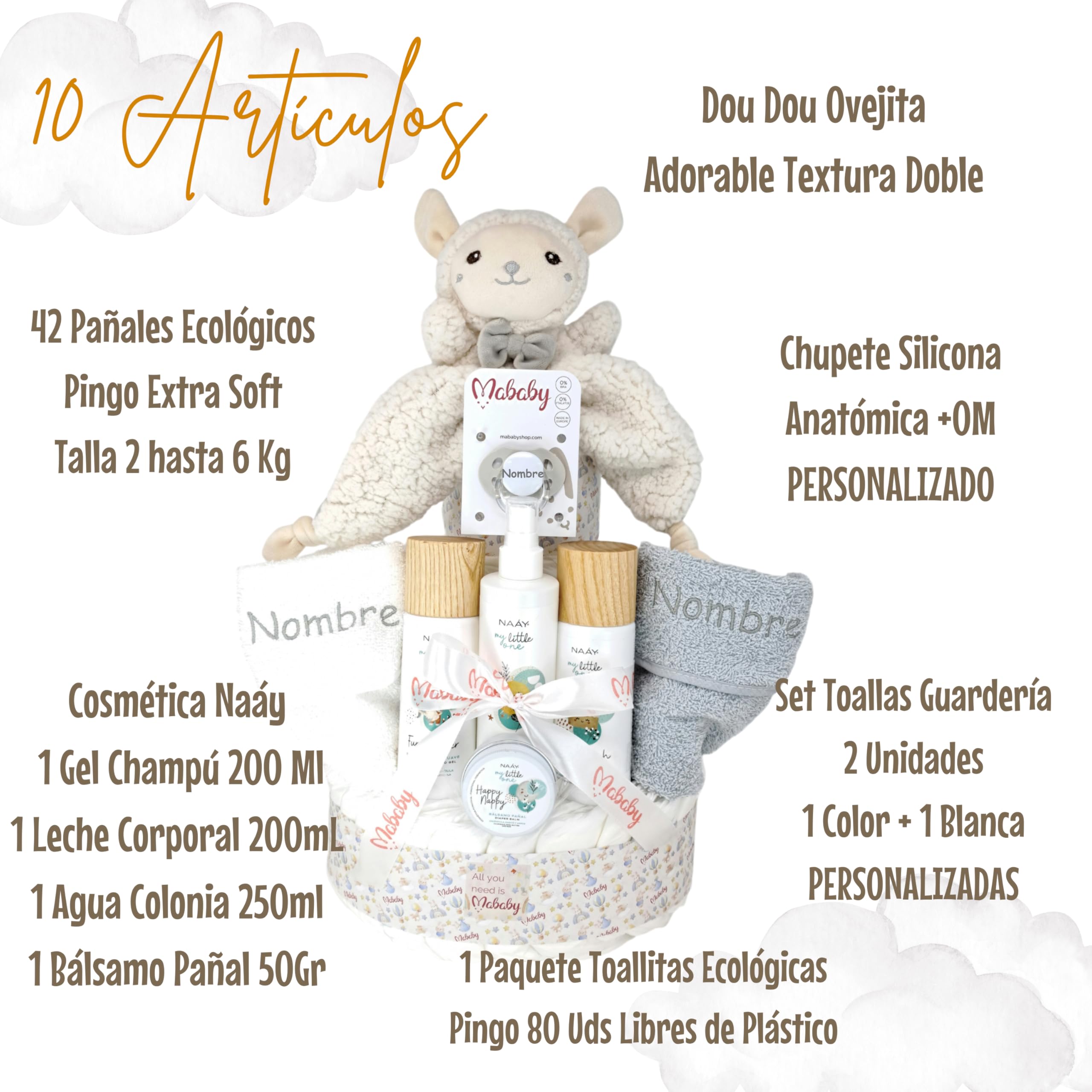 Naáy - Tarta de Pañales Personalizada con Pañales Talla 2, Set de Cosmética Eco, Dou Dou, Chupete y Toallas Bordadas con el Nombre del Bebé (Azul)