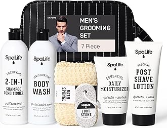 7-Piece Men's Body Care Gift Set | Mens Gift Set with 2-in-1 Shampoo & Conditioner, Body Wash, Moisturizer, Post-Shave Lotion, Sponge & Foot Stone | Christmas Gifts for Men | 7-Piece Bundle