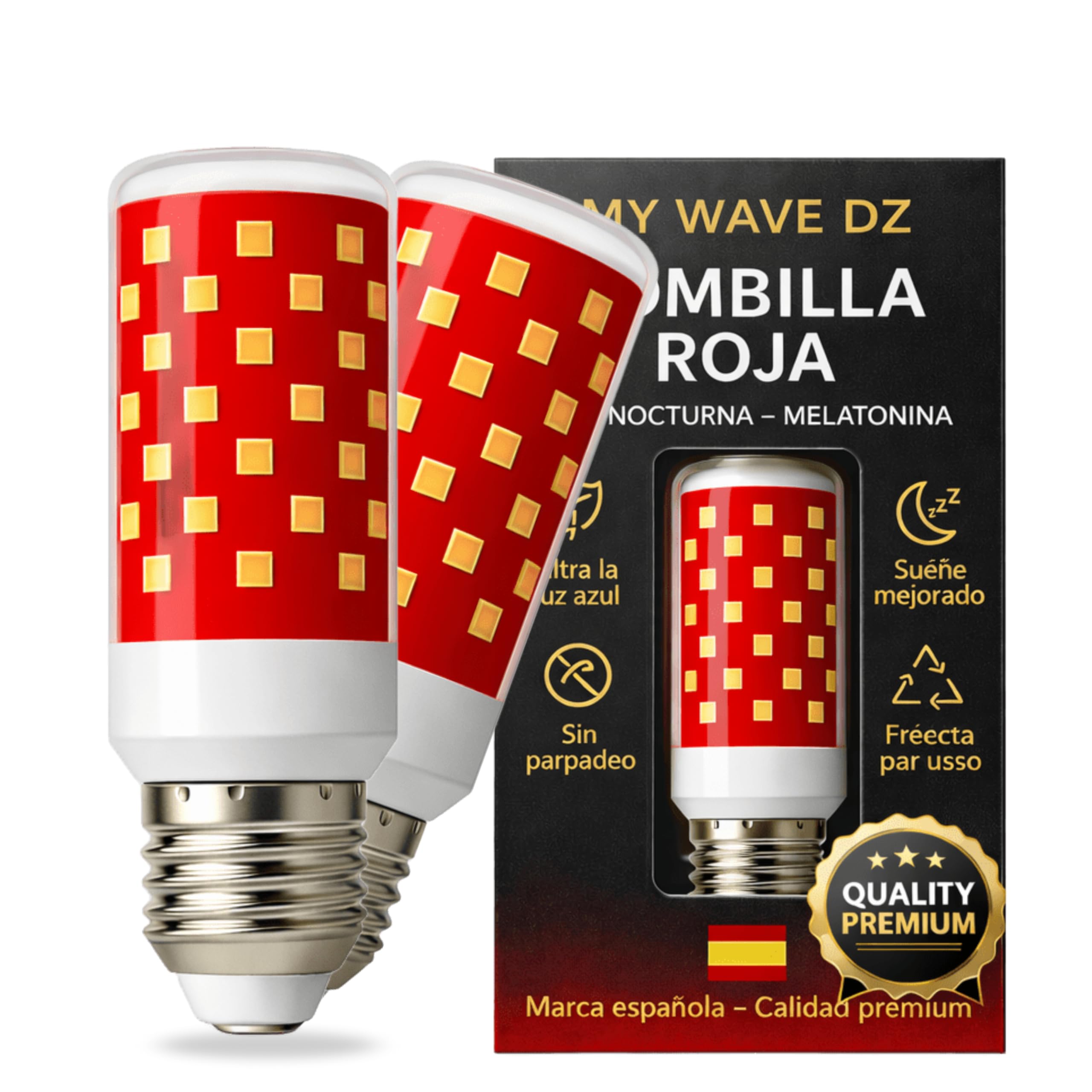 Bombilla Luz Roja Nocturna Melatonina E27 E14 – Pack 2 Bombillas Rojas Sin Luz Azul ni Flicker – Luz Roja Bebé, Lactancia, Descanso y Sueño Profundo
