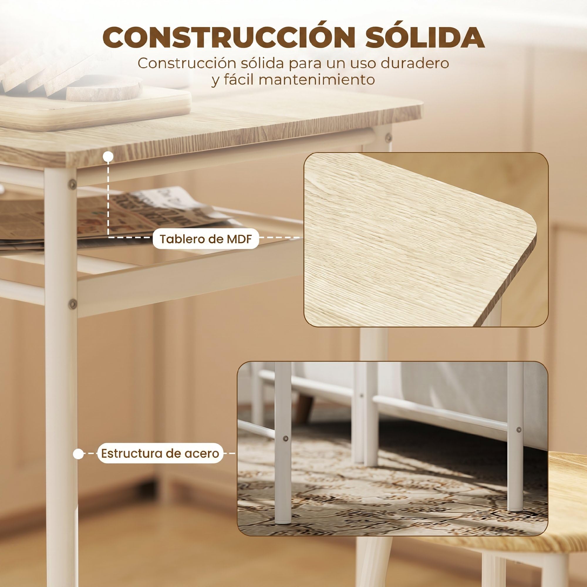 HOMCOM Juego de Mueble de Bar Set de Mesa Alta y 2 Taburetes con Estante de Almacenamiento y Marco de Metal para Cocina Comedor 80x50x90 cm Blanco