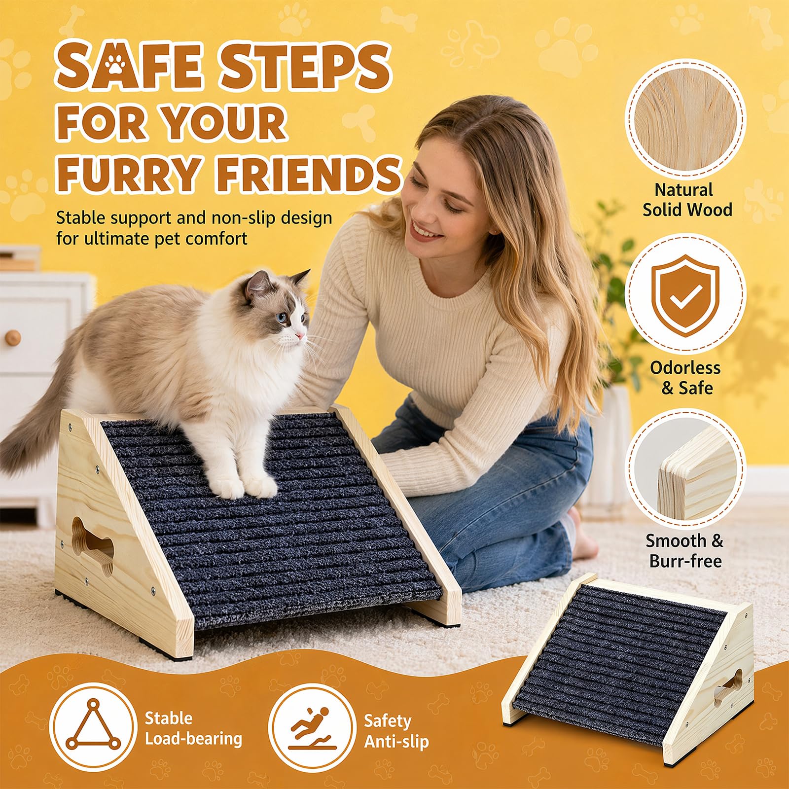 4er Hundetreppe für Kleine Hunde, Holz Hunderampe für Treppen 30 x 25 x 15 cm, rutschfeste Hunderampe mit Teppichoberfläche, Niedrigwinklige Haustierrampen, Stufen und Treppenhilfe