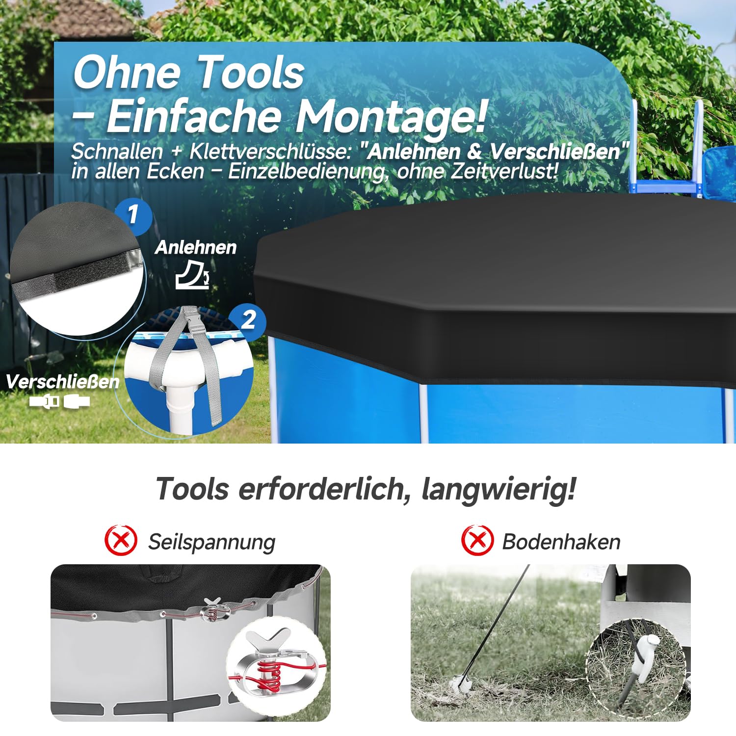 Sekey Poolabdeckung Rund 366 cm – Passend für Runde Stahlrahmenbecken | Verstellbare Schnallen & Klettverschlüssen | Wind- & Staubdicht | Reißfestes Hochdichtes Abdeckplane | Schwarz