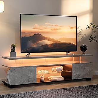 Grey TV Stands for Living Room,Glass TV Stand, LED TV Stand for 75+ inch TV,Entertainment Center for Living Room,Bedroom,Home Office