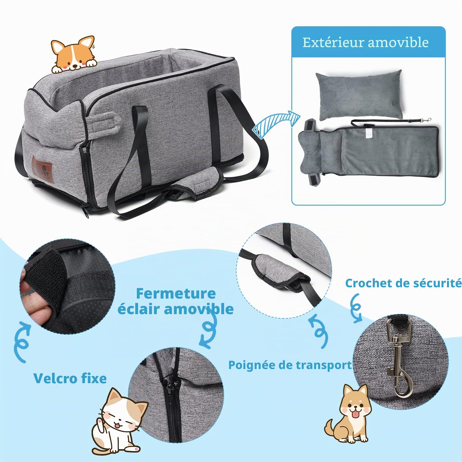 Siège de voiture pour chiens de petite taille, siège rehausseur de voiture amovible et lavable pour petits animaux jusqu'à 6.1 kg, console centrale, chiens et chats, maison, voyage (gris)