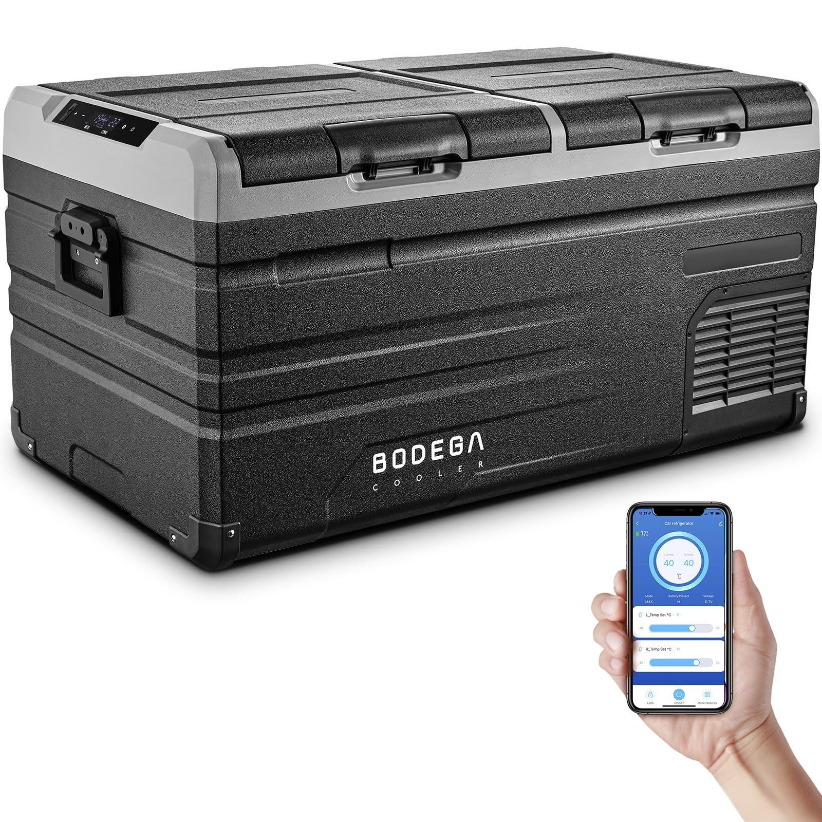 BODEGACOOLER 12 Volt Car Refrigerator, RV Car Fridge Dual Zone APP Control, Portable Freezer 95 Quart(90L) -4?-68? RV Electric Compressor Cooler 12/24V DC and 100-240V AC for Outdoor,Camping,Travel