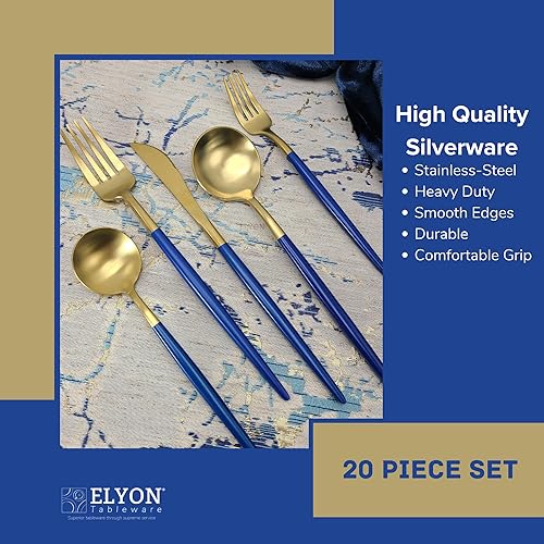 Miniatura 3 de Elyon Tableware Juego de cubiertos de 20 piezas, color dorado mateazul, acero inoxidable 1810, juego de cubiertos azules con asas finas, servicio