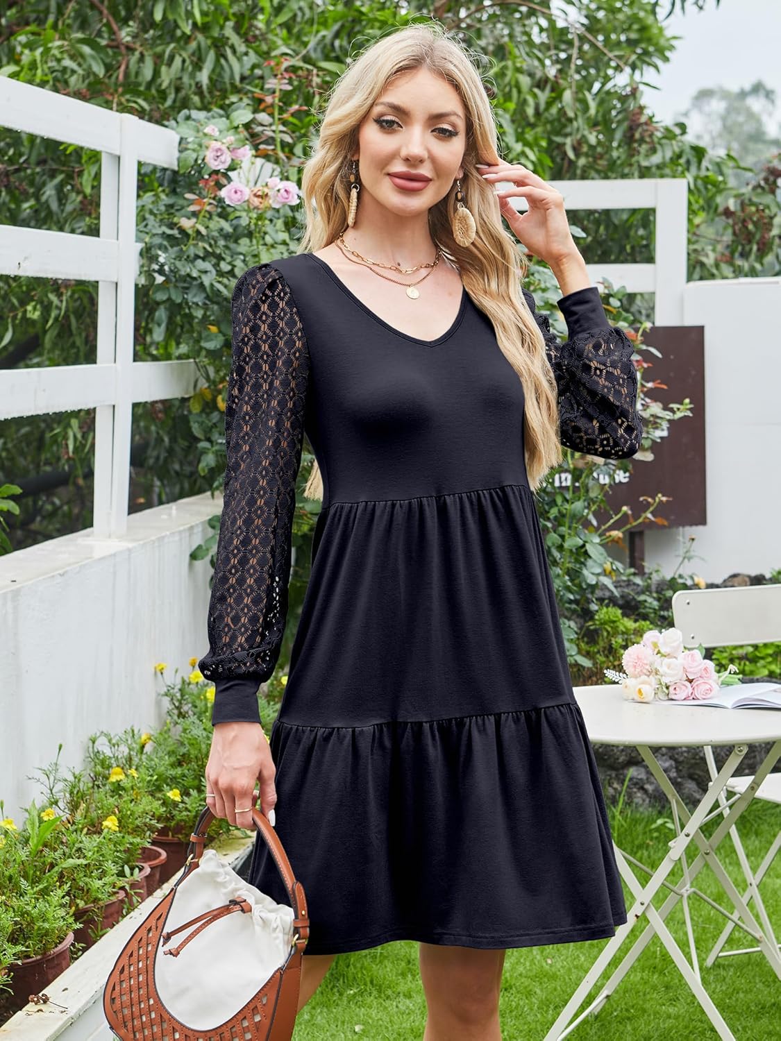 ANRABESS Dresses for Women Casual Lace Long Sleeve V Neck Tiered Swing Flowy Loose A-line Mini Short 2025 Fall Vacation Dress - Image 7