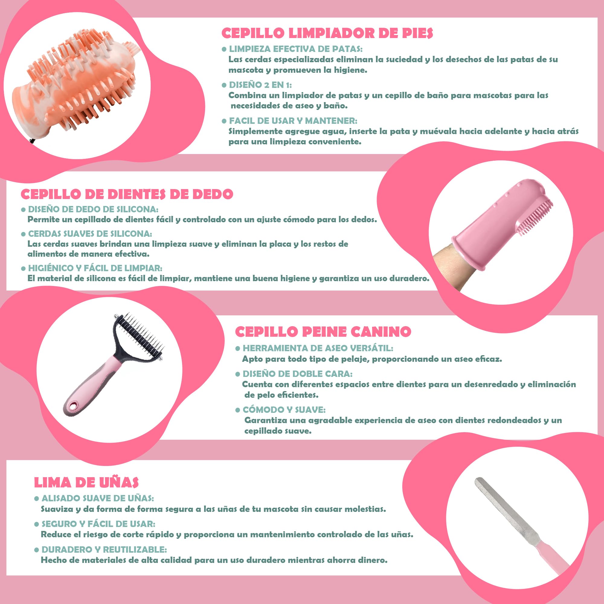 Kit de Aseo para Mascotas 9 Piezas Rosa – Cepillo Gato Pelo Corto, Deslanador Perros, Guante Quitapelos, Limpia Patas, Cortaúñas Gato, Peine y Cepillo Dental