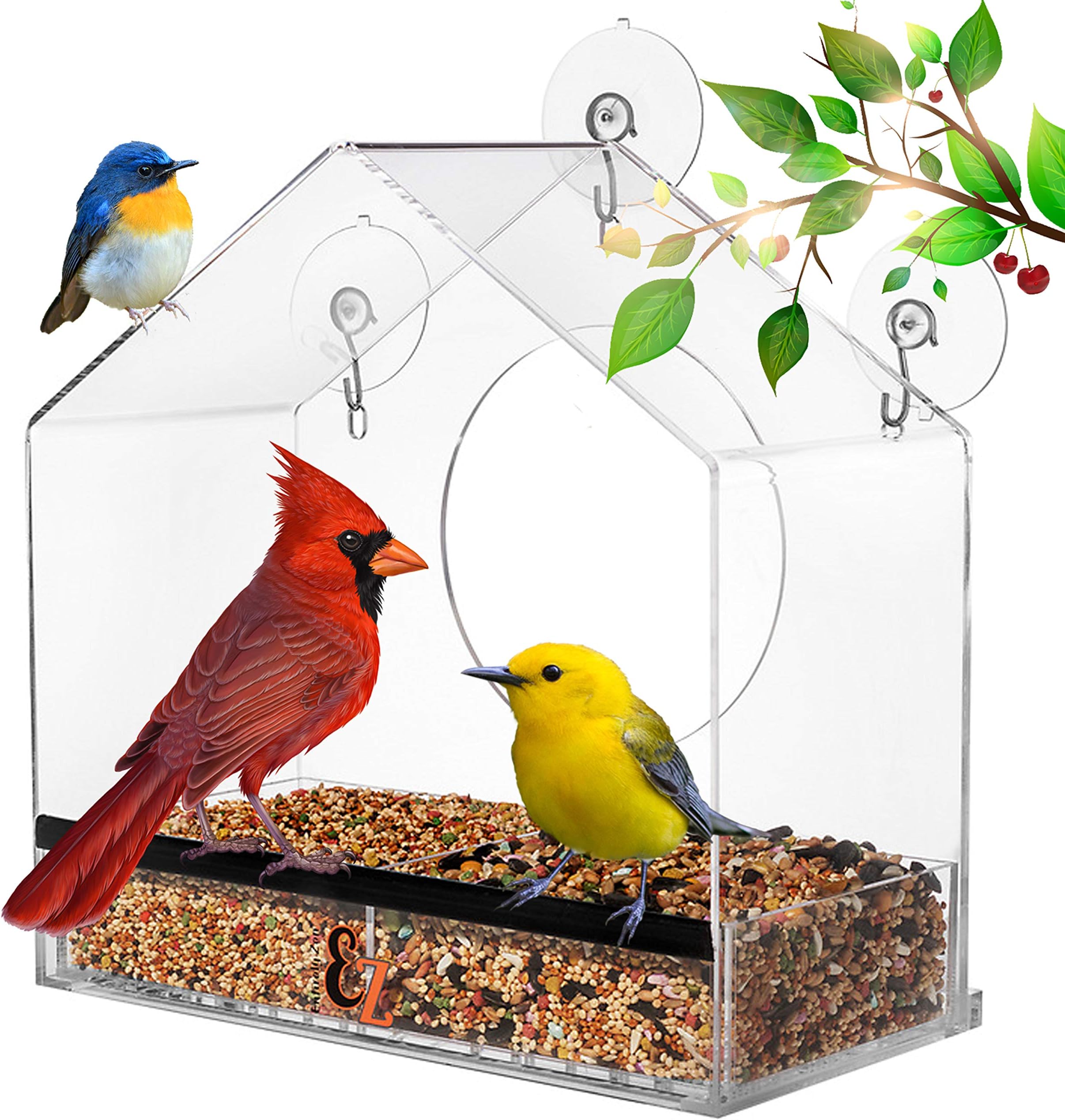 Window Bird Feeder, Strong Suction Cups, Large Easy Clean Bird Seed Tray, Outdoor Hanging Bird House, Clear View of Wild Birds Like Cardinal & Bluebirds, Great for Seniors & Indoor Cats