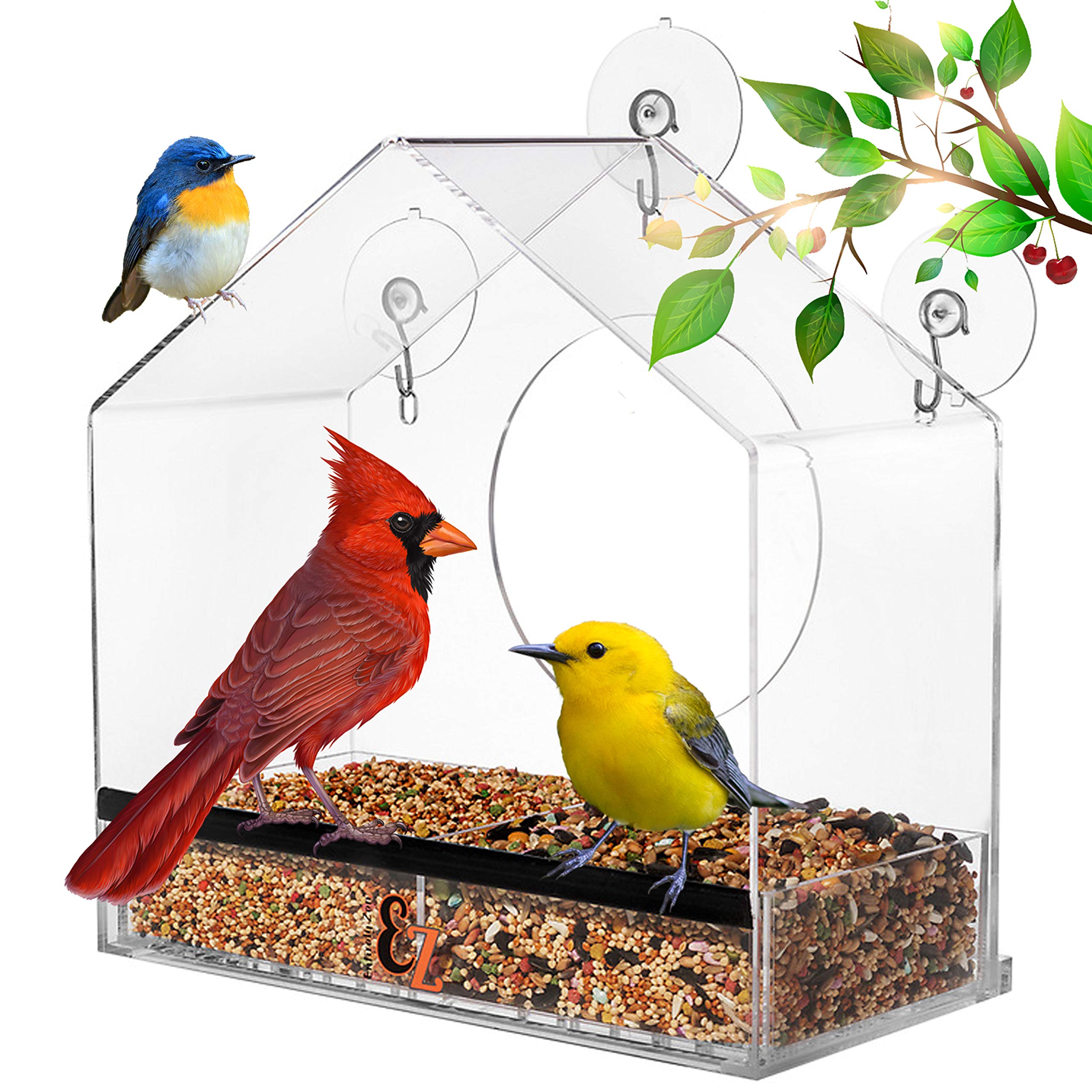 Window Bird Feeder, Strong Suction Cups, Large Easy Clean Bird Seed Tray, Outdoor Hanging Bird House, Clear View of Wild Birds Like Cardinal & Bluebirds, Great for Seniors & Indoor Cats