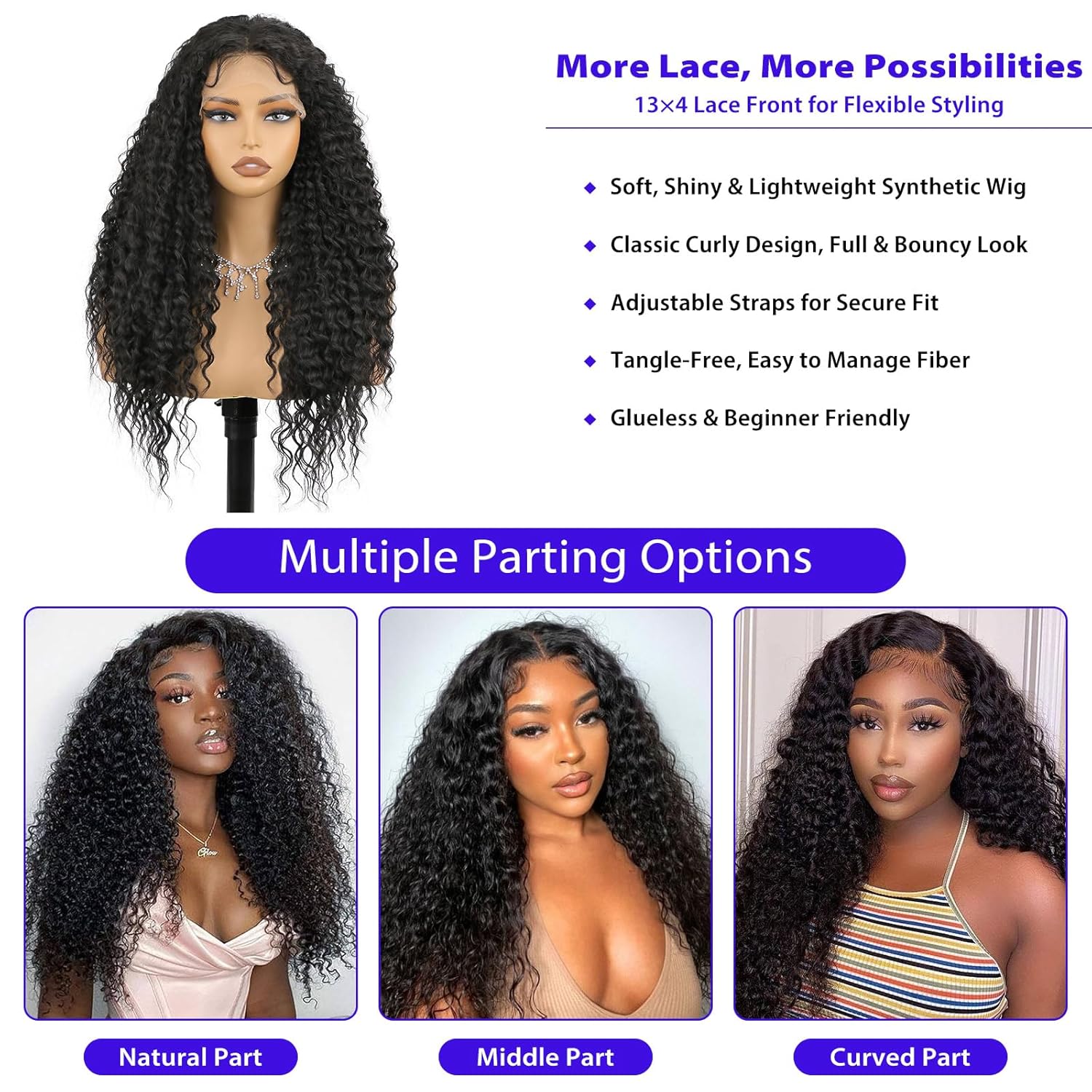 Black Synthetic Lace Front Wig for Women 24 Inch Long Curly Wavy 13X4 HD Lace Front Wig with Baby Hair Natural Preplucked Hairline Lace Wigs for Daily Party Use