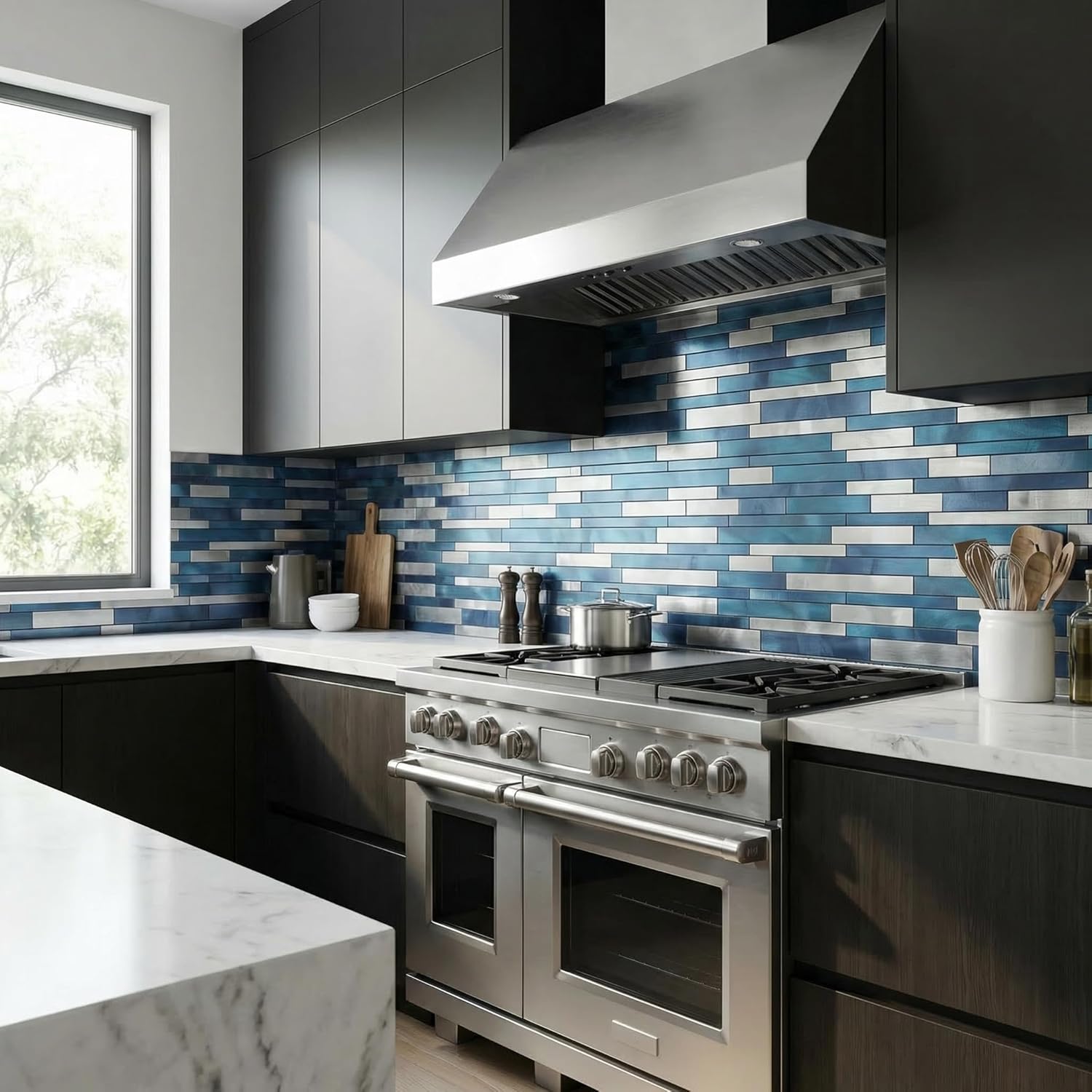 10pcs Waterproof Non-Slip Mosaic Peel & Stick Wall Stickers, Heat-Resistant Easy Cut DIY Decorative Tiles for Kitchen Bathroom Living Room Bedroom (10, Blue)