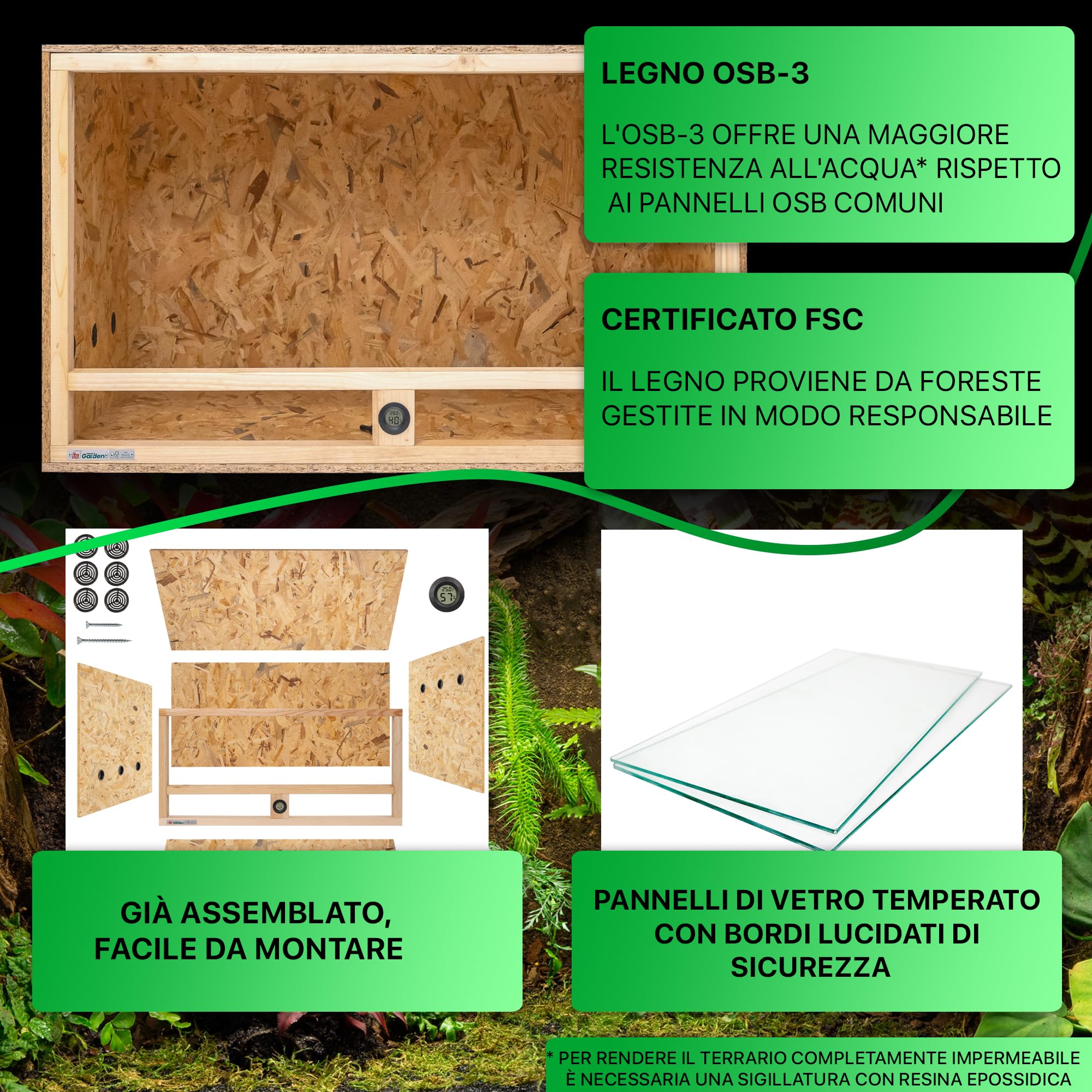 ITA Terrario in legno 80x40x40 cm con ventilazione laterale e igrometro integrato - Terrario in legno OSB-3 - Per rettili, serpenti, anfibi - Prodotto UE, certificato FSC