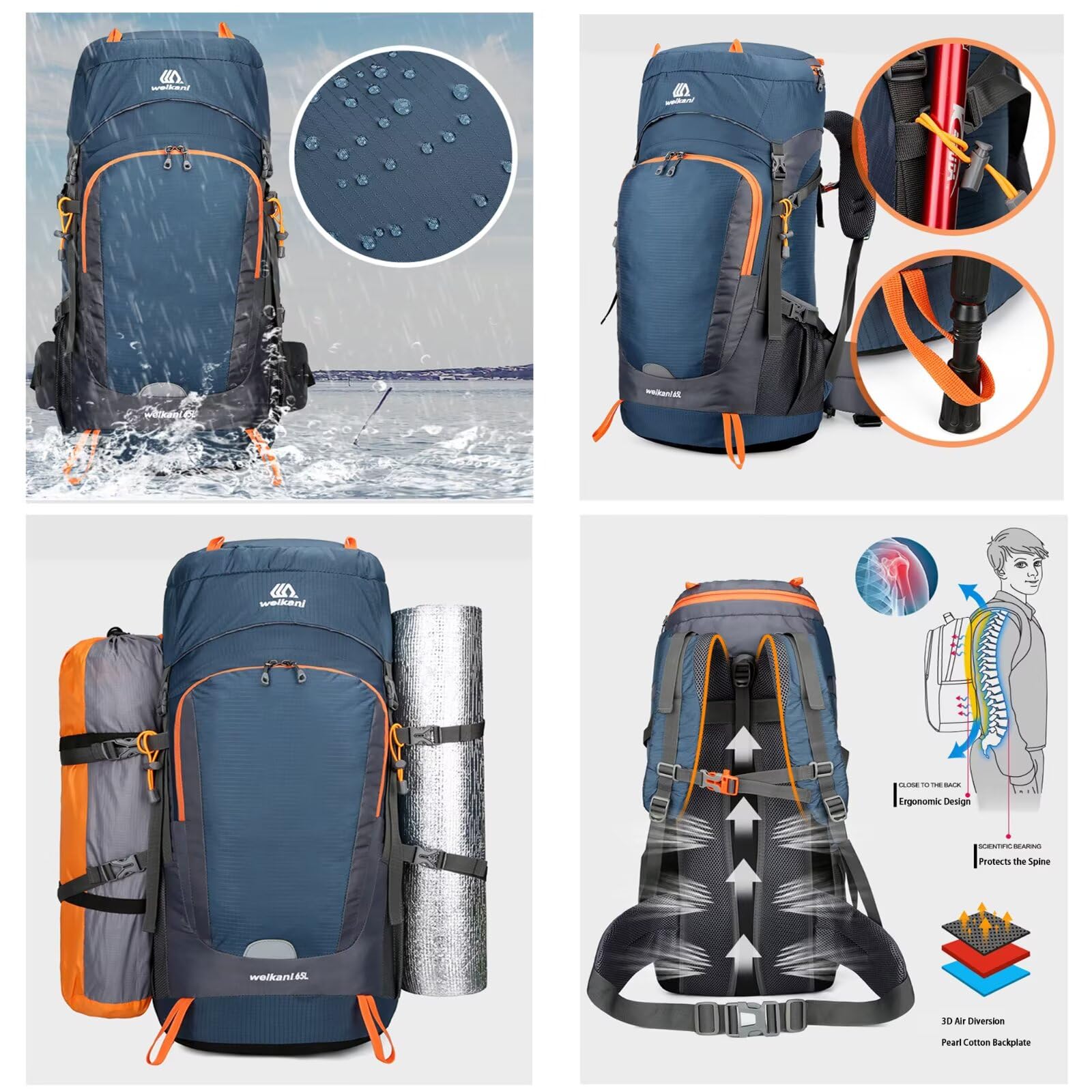 Mochila de senderismo de 65 litros con cubierta para la lluvia, mochila ligera para camping, mochila grande de senderismo para hombres y mujeres, mochila impermeable para viajes al aire libre