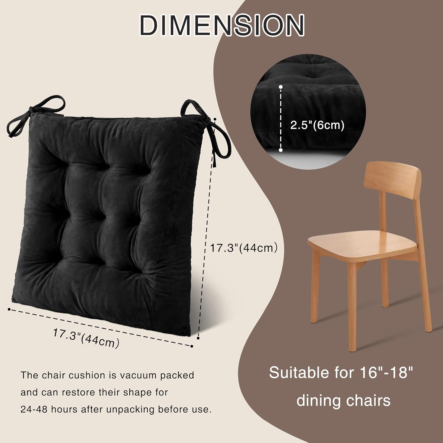 OVOV 2 Pack Chair Cushions for Dining Chairs Soft Seat Cushions for Kitchen Desk Chairs Square Chair Pads with Ties (15.5"x15.5" Black)
