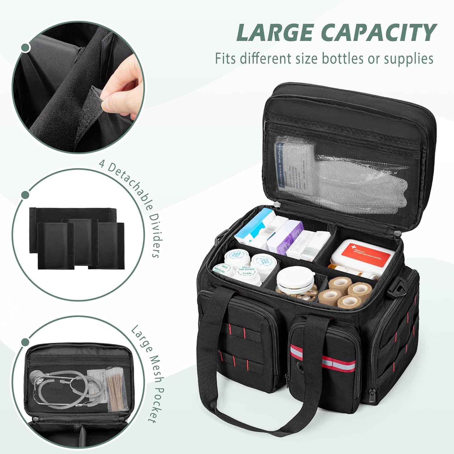 Medicine Organizer Bag with Insulated Pocket for Travel, Pill Bottle Storage Bag with 4 Customized Dividers & Shoulder Strap for Medication, Insulin and First Aid Supplies, Black (Bag ONLY) - Image 2