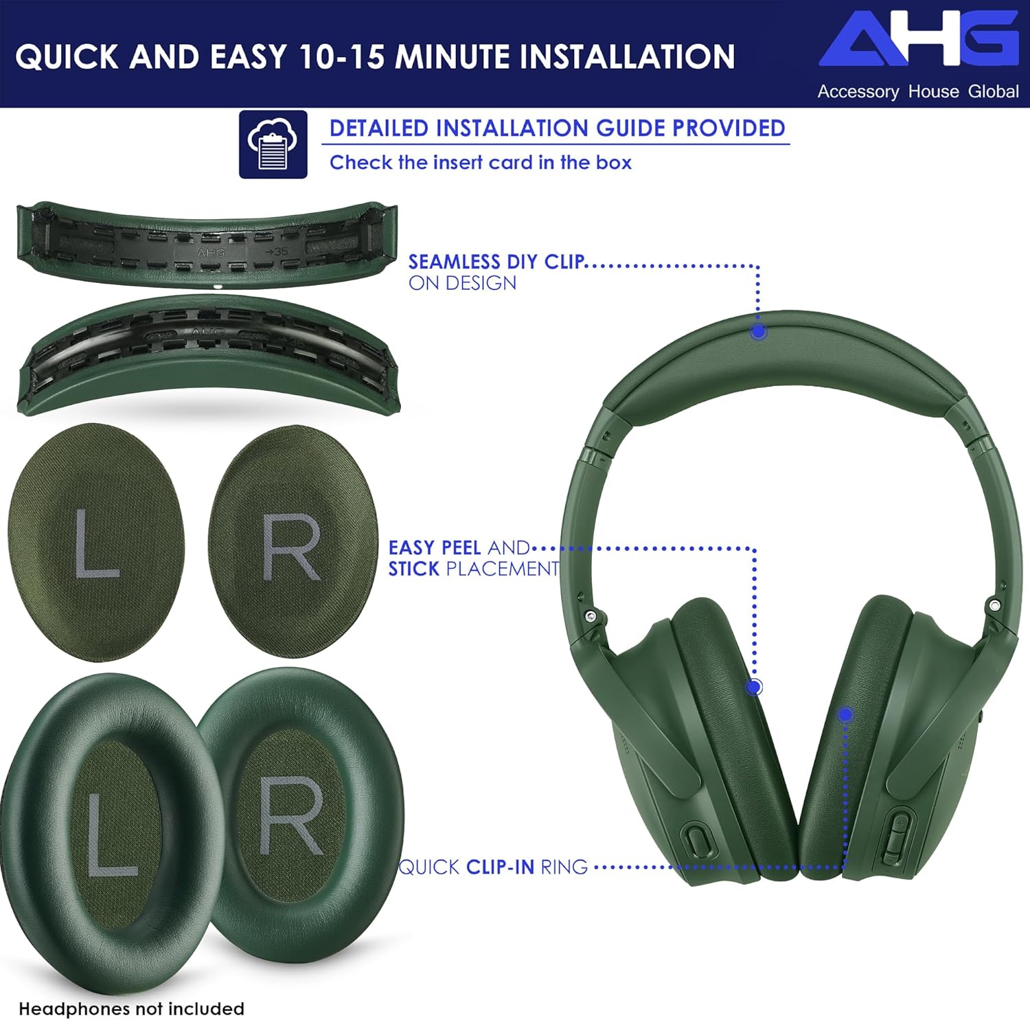 AHG Accessory House Global Replacement QC Ear Pad and Headband Pad Kit Cushion. Compatible with Bose QuietComfort 2023 QC45 QCSE QC35 II Noise Cancelling Headphones (Cypress Green). Easy DIY Fit