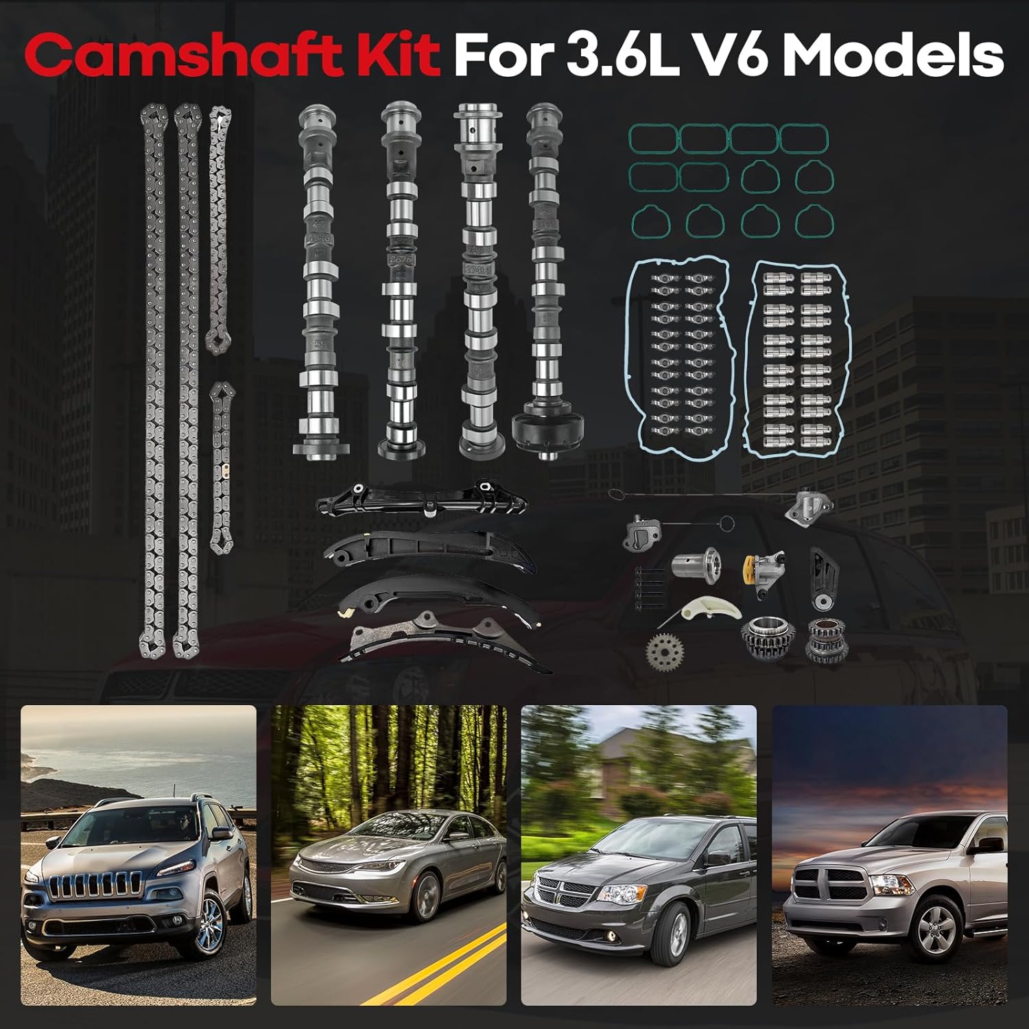 Engine Camshafts Kit w/Rockers Arm Lifters Timing Chain Kit Compatible with Jeep Wrangler with Dodge Durango Challenger Journey with RAM ProMaster with Chrysler 11-16,3.6 V6