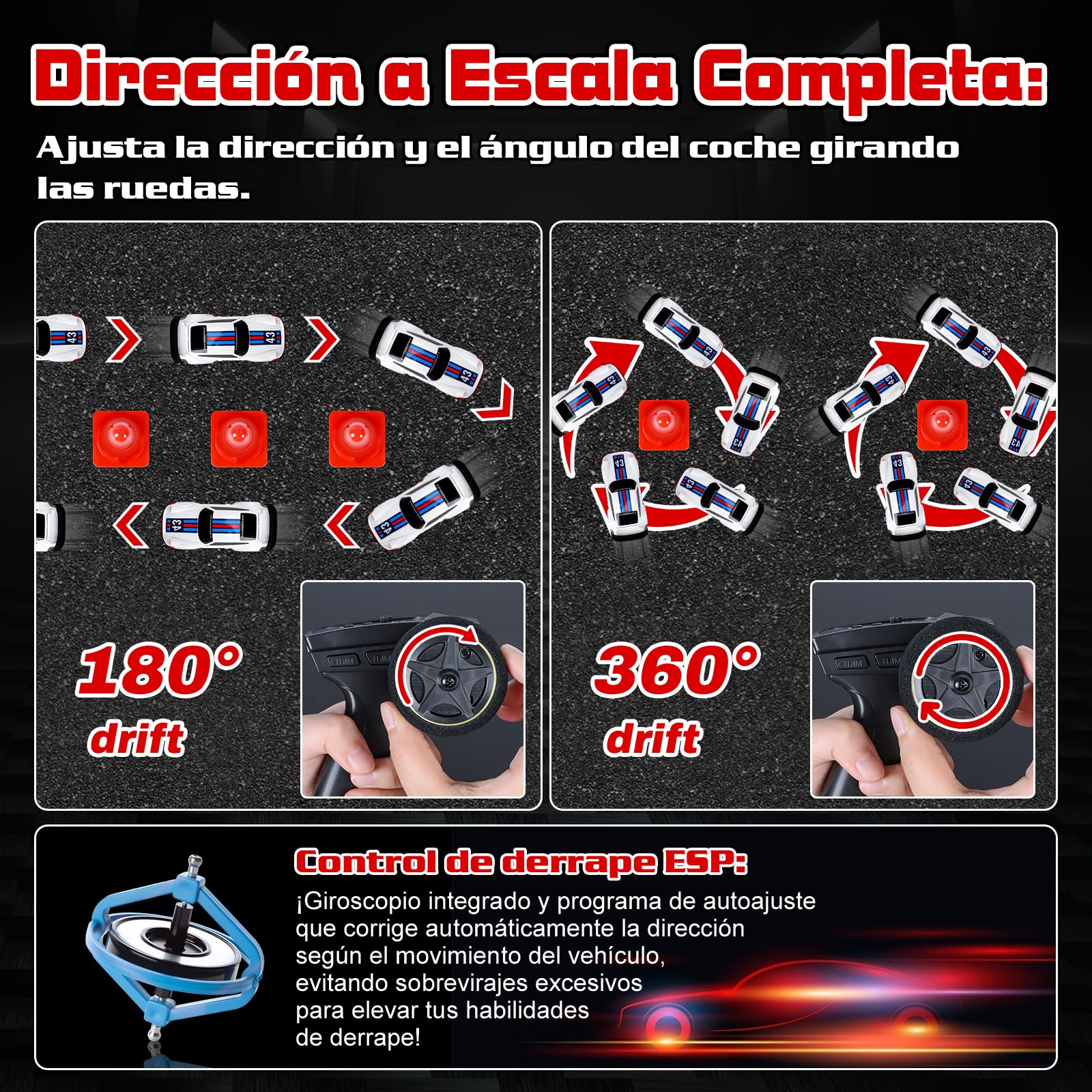 Joellfuner Coche Teledirigido Drift, 1:43 Mini Drift RC Car, 4WD Coche Radiocontrol con Kit Barricada y Luces LED, 15km/h, Coche Teledirigido de Juguete para Niños Mayores de 14 Años (Gyroskop)
