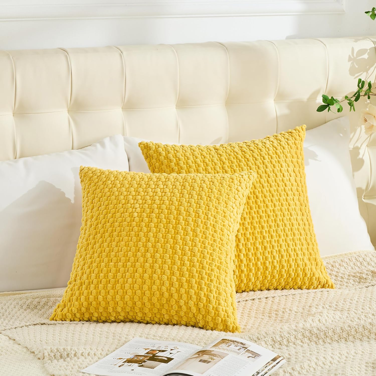 GAWAMAY Decorative Throw Pillow Covers 18x18 Inch Set of 2 for Living Room Couch Bed Sofa, Farmhouse Square Cushion Cover Soft Striped Corduroy Pillow Cases Boho Accent Home Decor (45x45cm) Yellow - Image 6