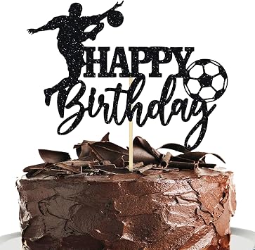 Soccer Happy Birthday Cake Toppers - Black Glitter Soccer Sports Theme Decorations for Soccer Player Party & Birthday Parties
