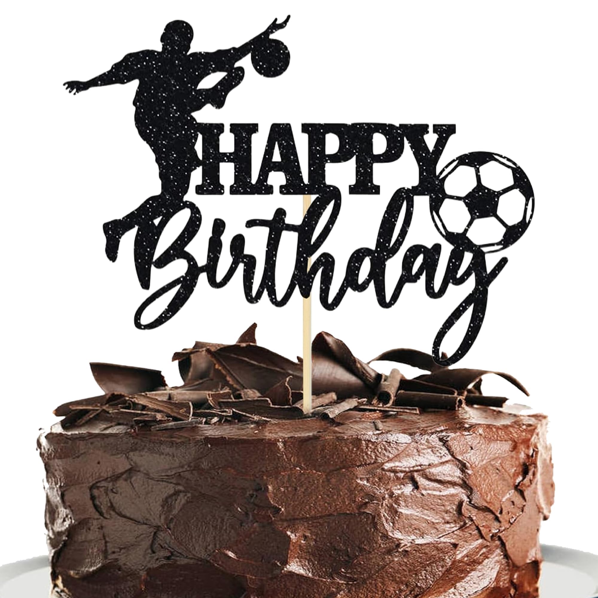 Photo 1 of Soccer Happy Birthday Cake Toppers - Black Glitter Soccer Sports Theme Decorations for Soccer Player Party & Birthday Parties