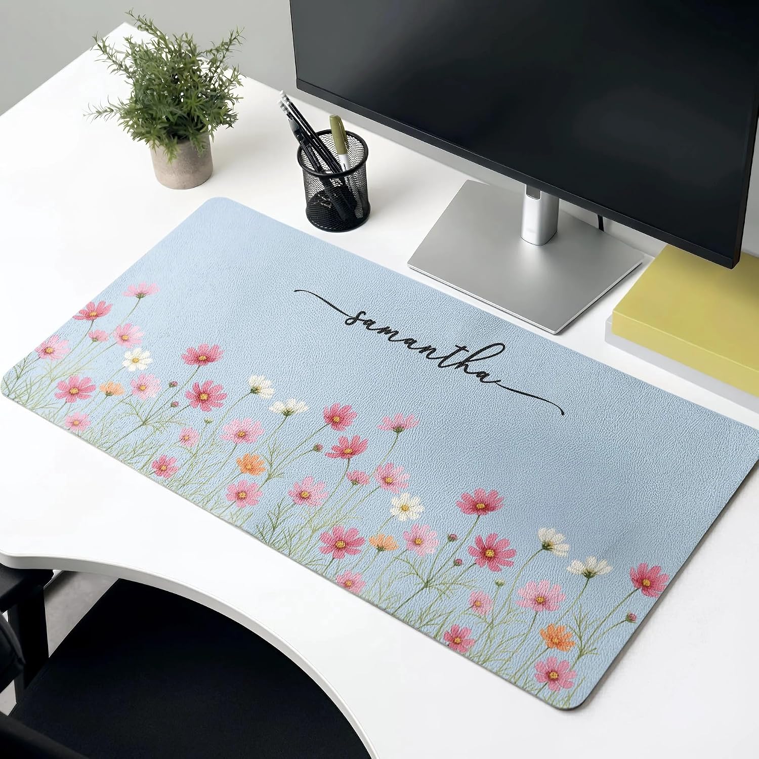 Custom Birth Flower & Name for Her, Coworkers, Friends, Teacher - Personalized Desk Mat, Large Mouse Mat, Non-Slip PU Leather Blotter, Leather Desk Protector, Office Appreciation Gifts for Women