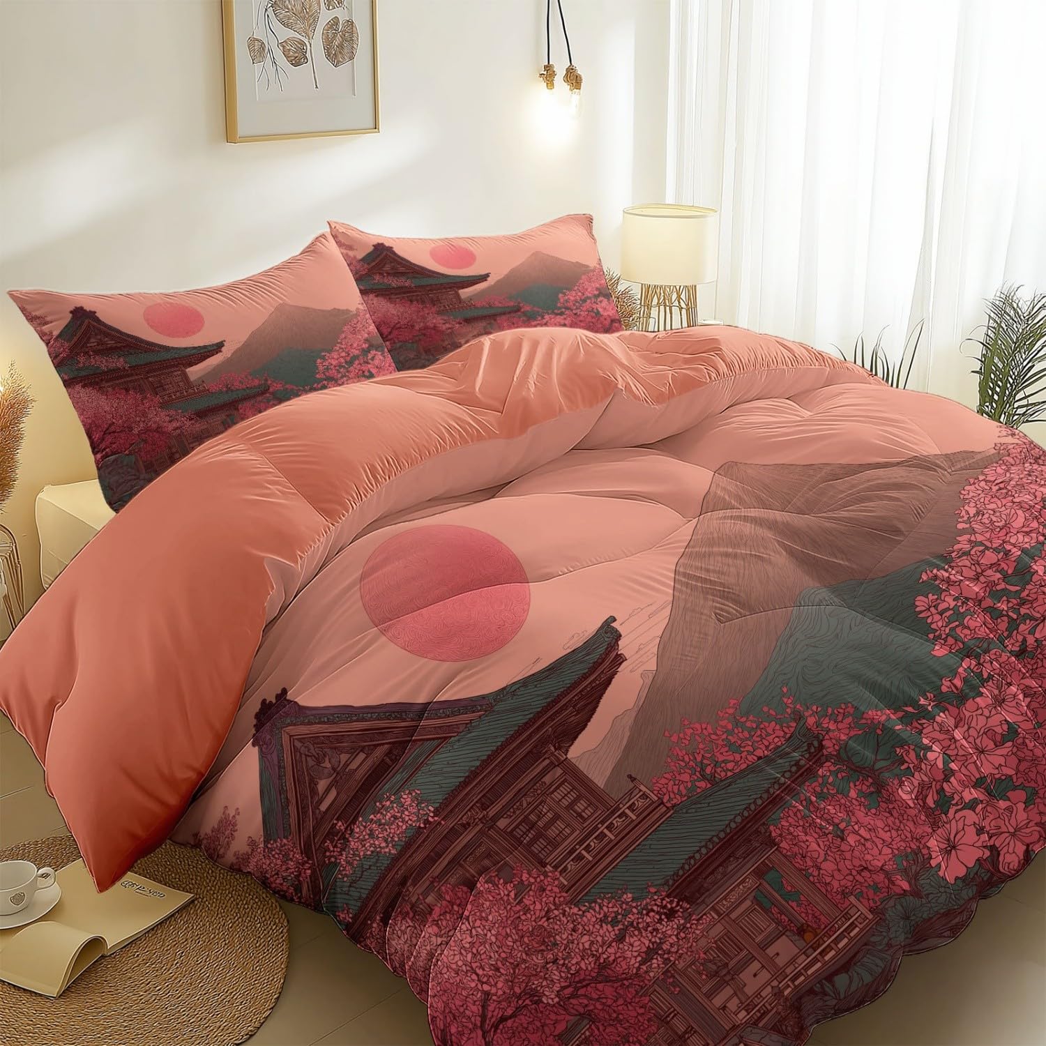 Pink Oriental Duvet Cover Single Size, Japanese Print Temple Reversible Quilt Cover for Boys Girls, Lightweight Durable, Ultra-Soft Brushed Microfiber Bedding Set 135 x 200 cm