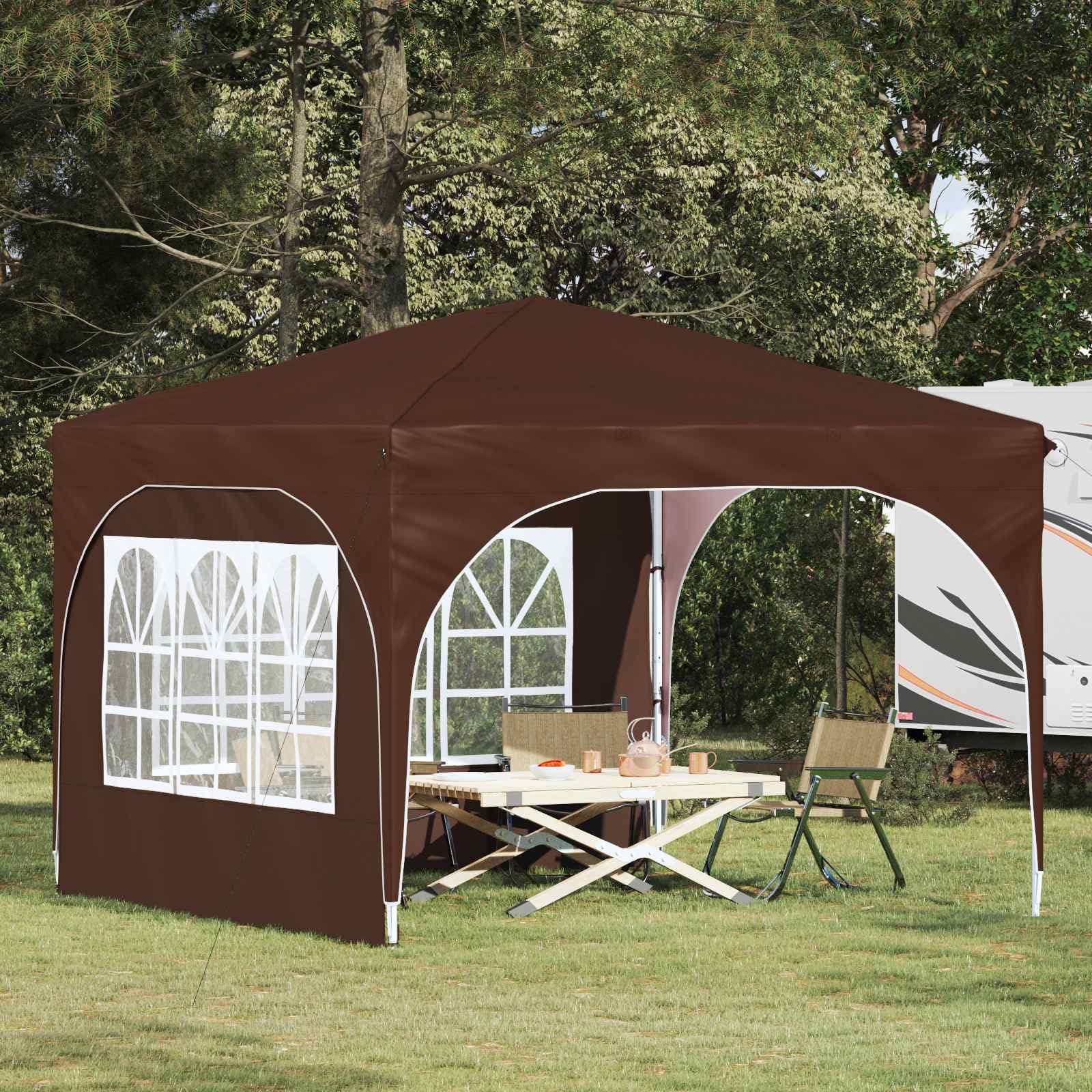 Namiot imprezowy Pop-up 290 x 290 x 245 cm, brązowy, tkanina Oxford 210D ze srebrną powłoką, z regulacją wysokości, wodoszczelny z częściami bocznymi, składany namiot ogrodowy do ogrodu, na