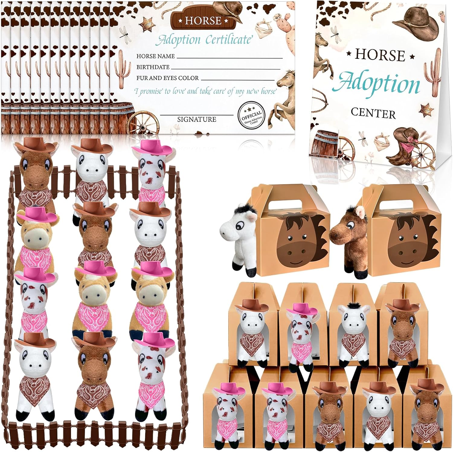 62 Pcs Adopt a Horse Animal Party Favors Include 12 Mini Stuffed Horse 12 Boxes 12 Hats 12 Scarves 12 Cards 1 Adopt Sign 1 Fence for Adopt a Grassland Animal Party Favor Pet Birthday Supply Gifts