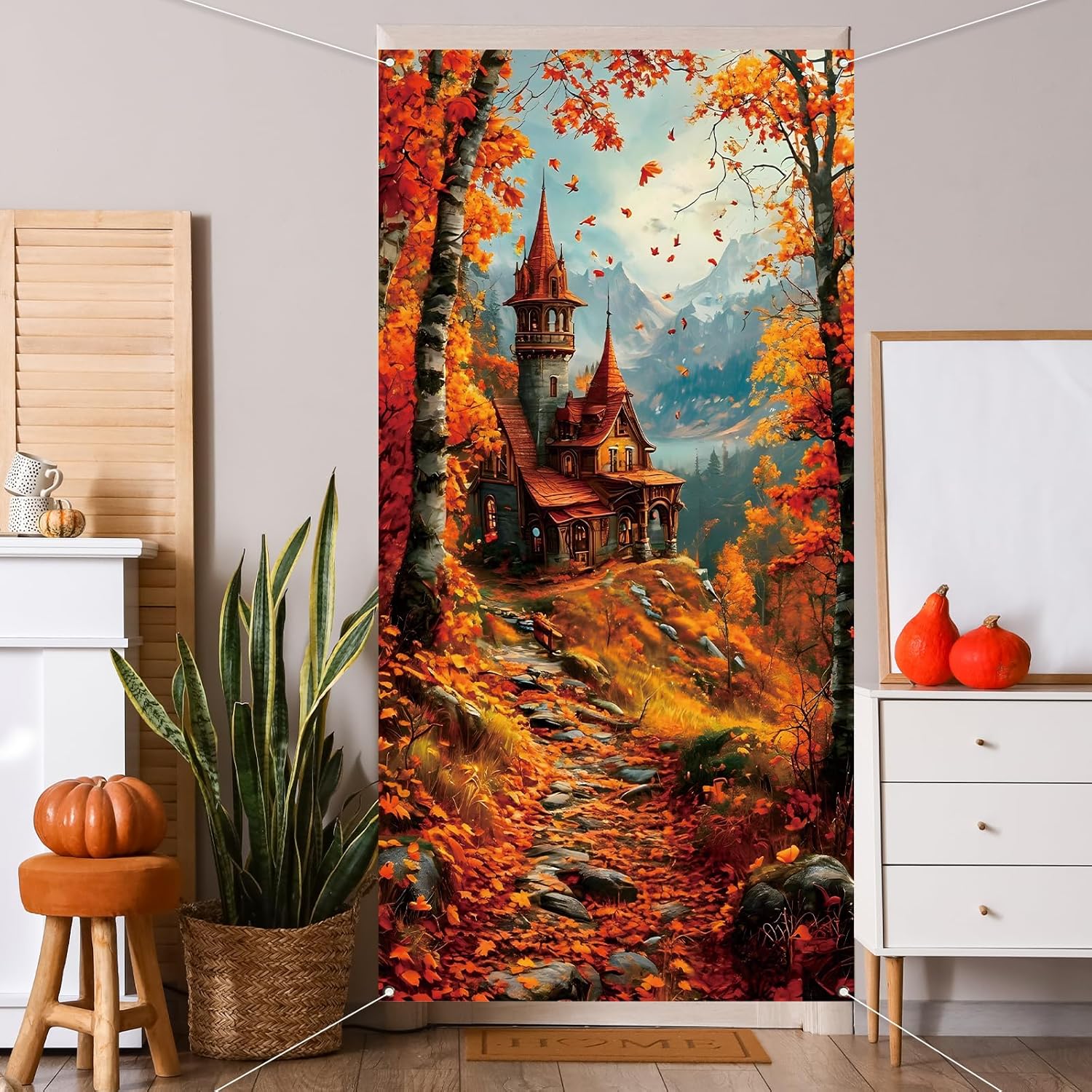 Fall Banner Door Cover,Leaves Castle Banner Decor Thanksgiving Farmhouse Harvest Festival Photo Background Decorations and Supplies for Home Party-71×35'' - Image 6