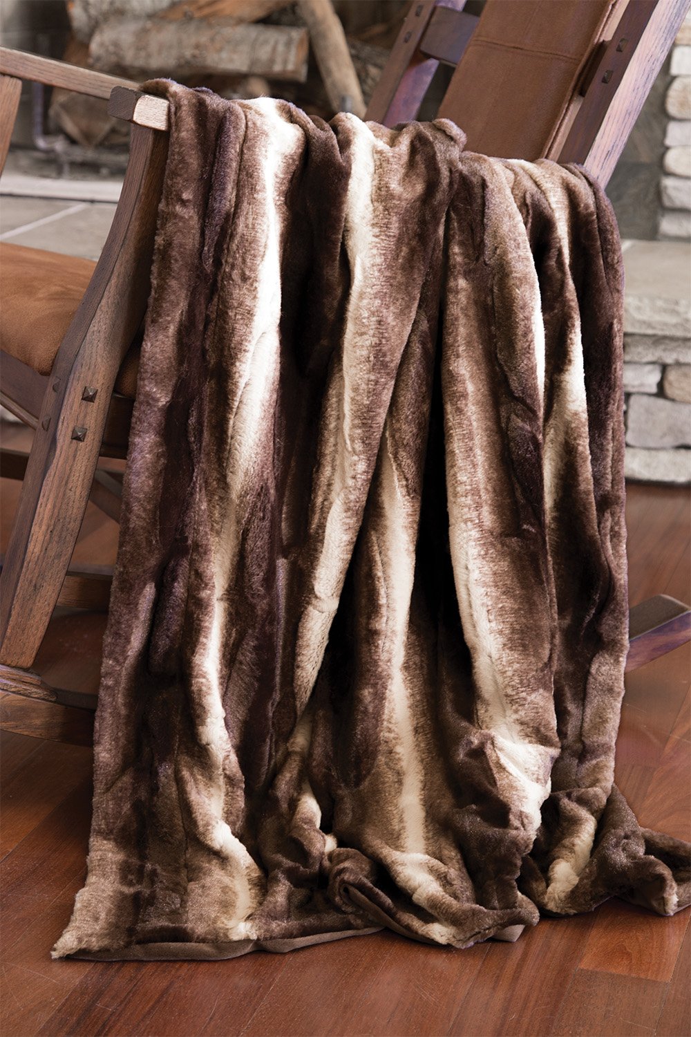 North End Decor Faux Fur Throw Blanket, Mink Brown White Striped Plush